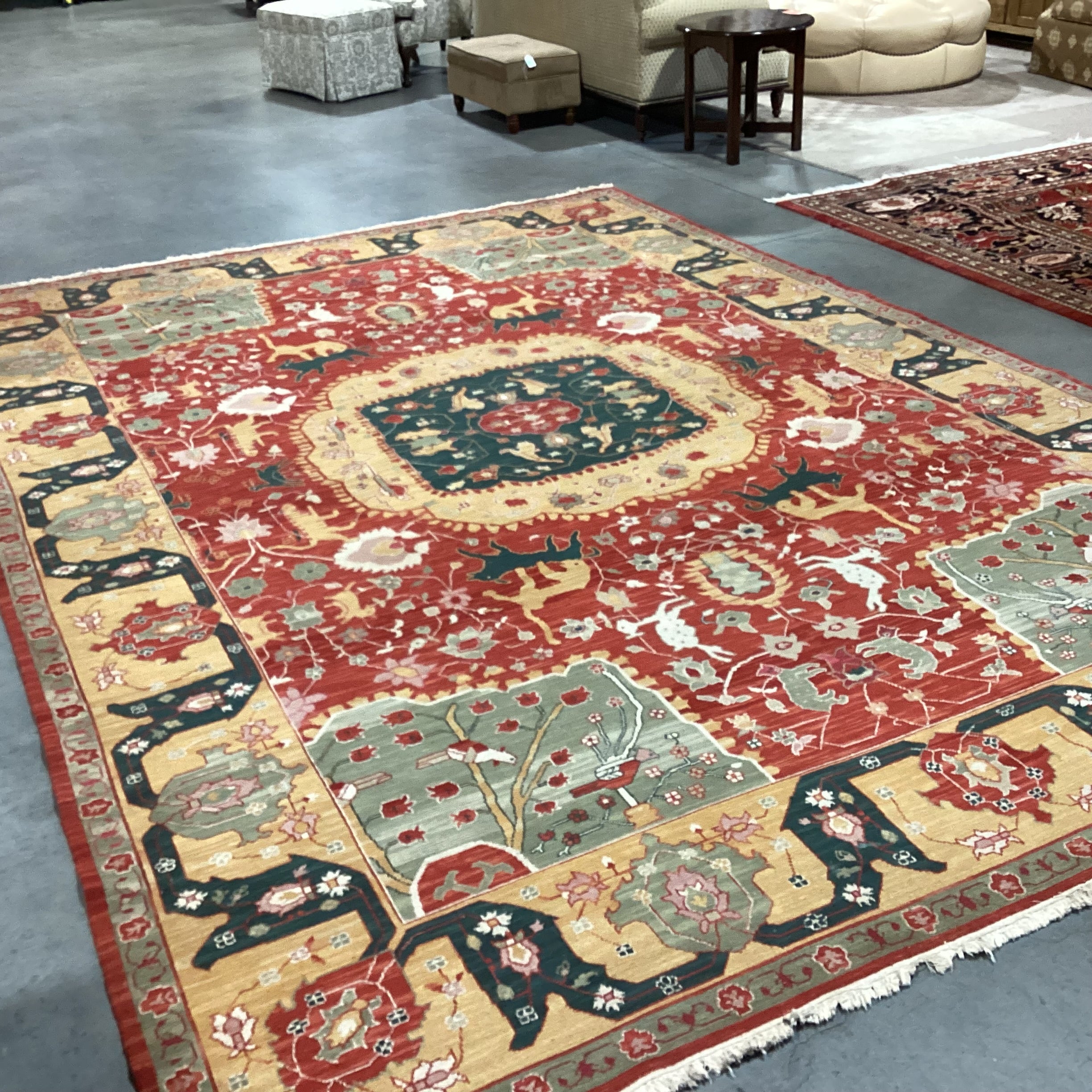 Nourmak Wool Red Gold Green Floral Fauna with Soumak Weaving Rug 9'10"x 14'3"