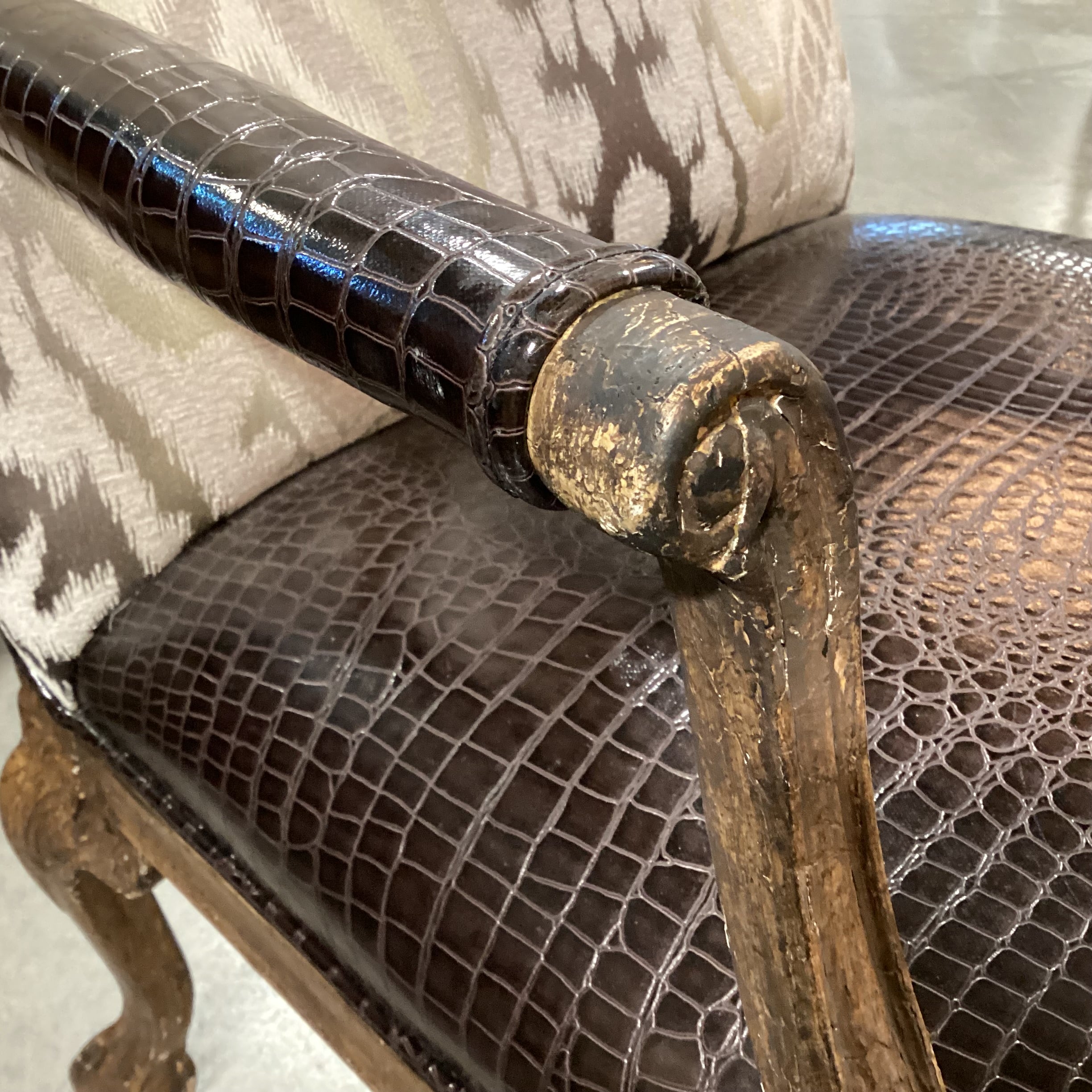 ARA Collection Croc Style Leather Raised Ivory Velvet & Brown Metallic Woven with Crackle Finish Claw & Ball Carved Wood Chair 29"x 32"x 39"