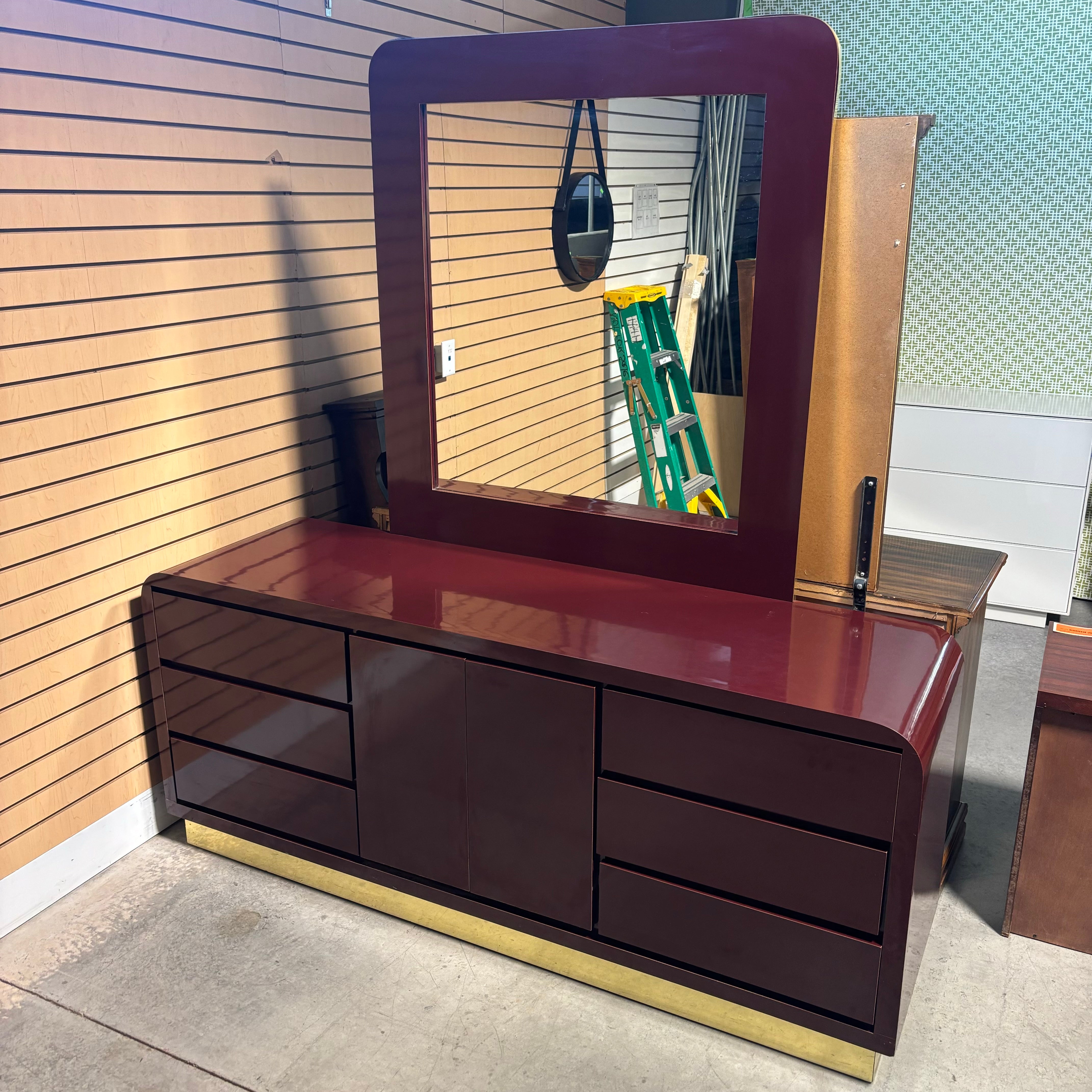 Maroon Lacquer Finish & Brass Finish Base 6 Drawer 2 Door with Mirror Dresser 71"x 20"x 76"