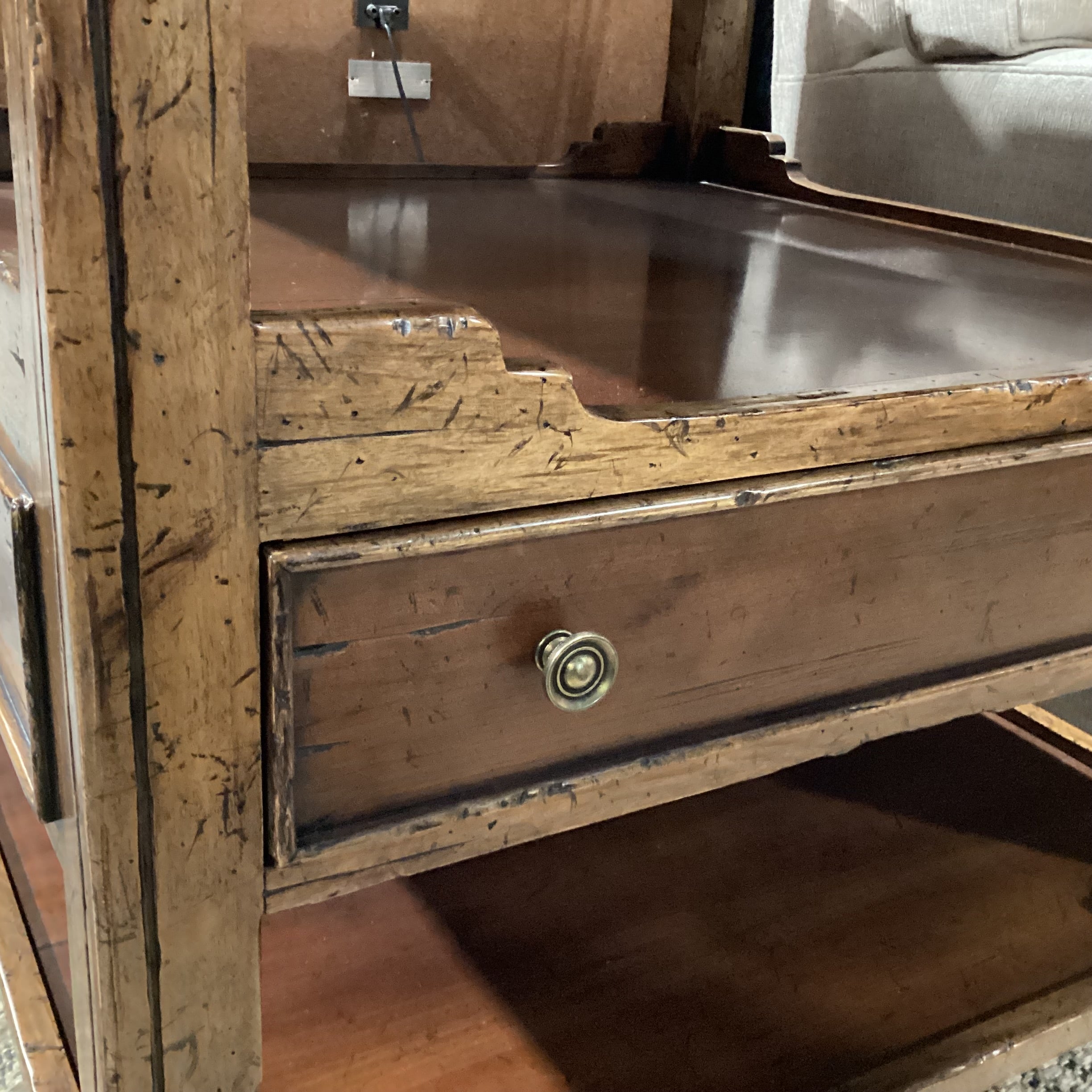 Distressed Carved Wood 3 Tiered 1 Drawer Accent Table 30"x 30"x 29.5"