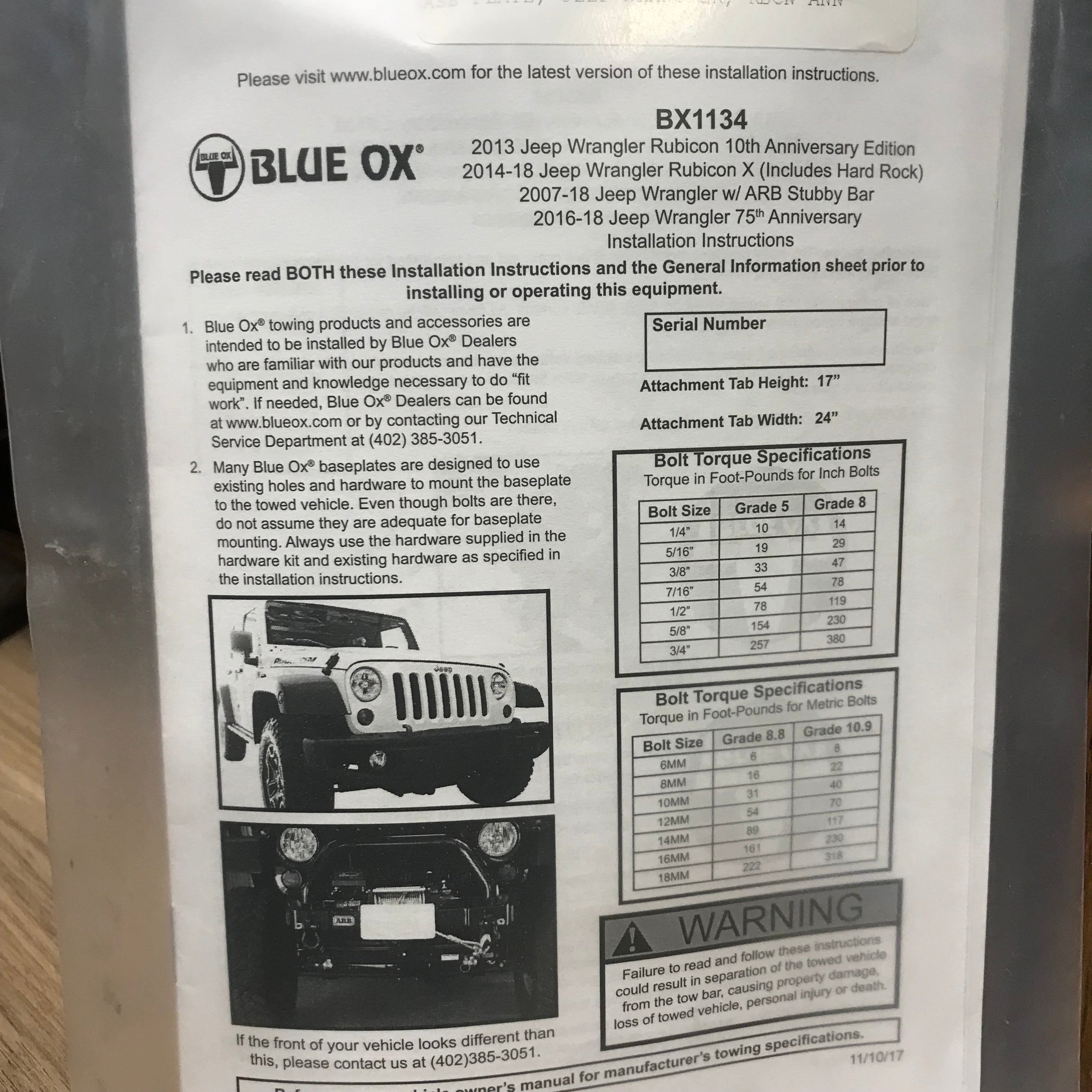 Blue Ox BX1134 Baseplate fits Select 2014-2018 Jeep Wrangler JK Models (towbar attachment point)