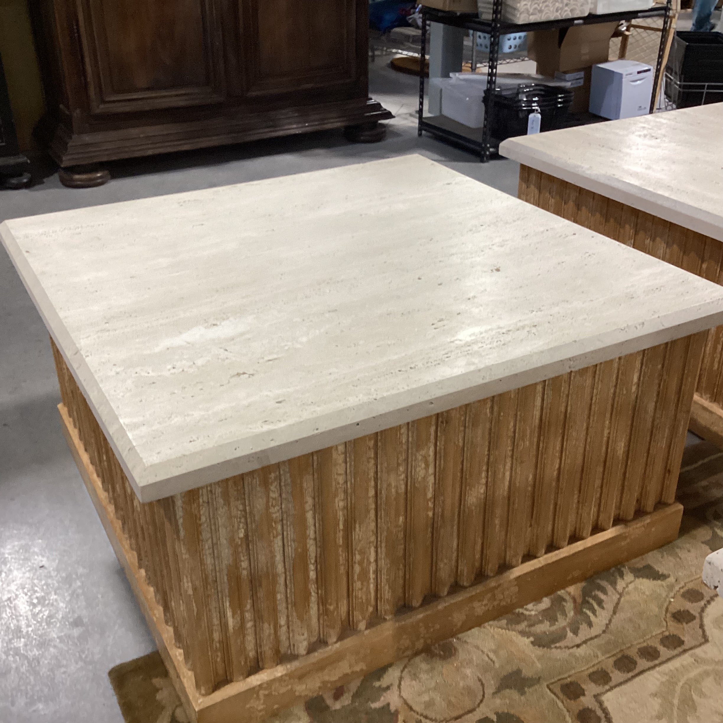 Custom Ribbed with Textured Crackle Finish Wood 1 Door with Shelf Travertine Top Coffee Table 48"x 48"x 24.5"