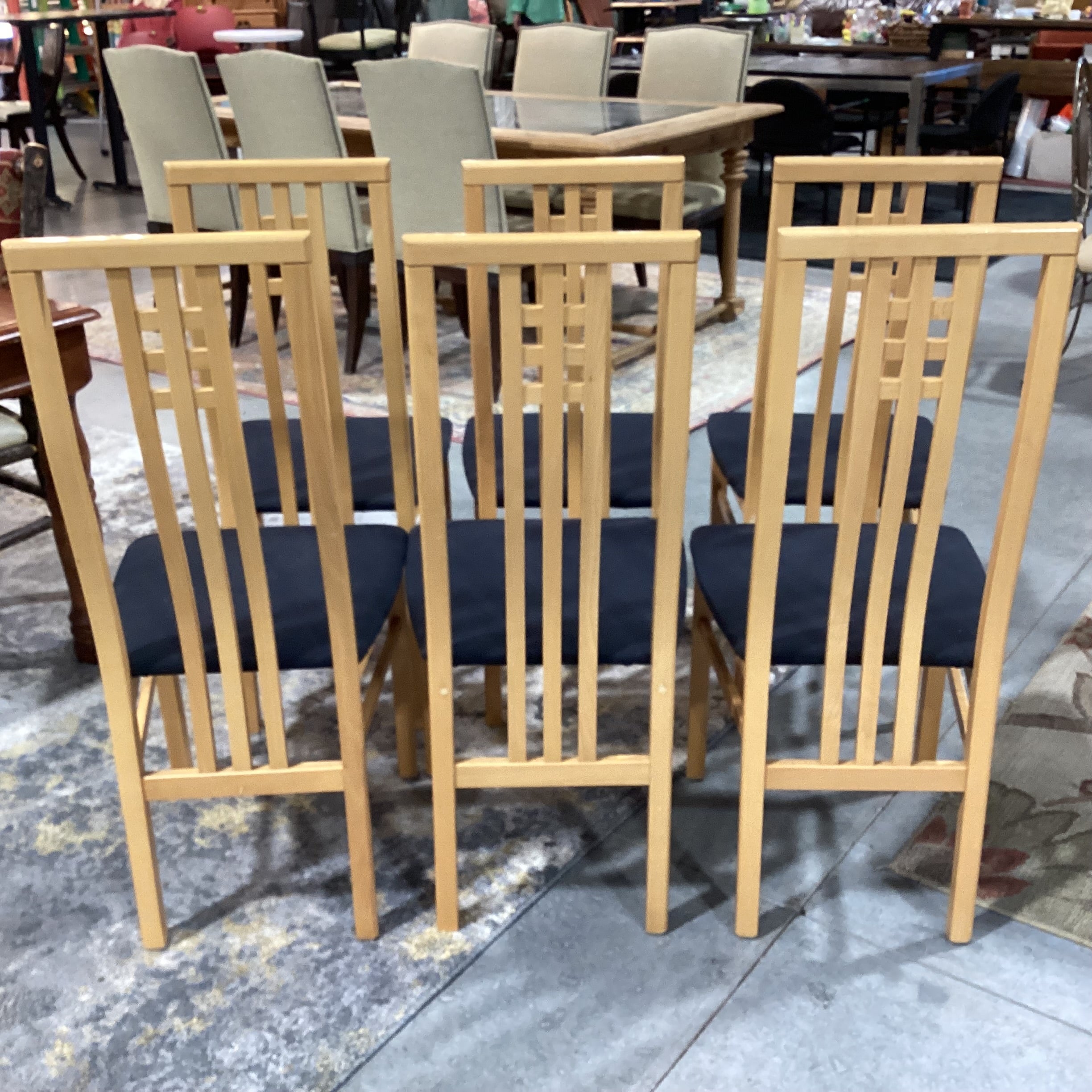SET of 6 IMS SRL Made in Italy Arts & Crafts Style Italian Teak & Black Canvas Dining Chairs 18"x 21"x 42"