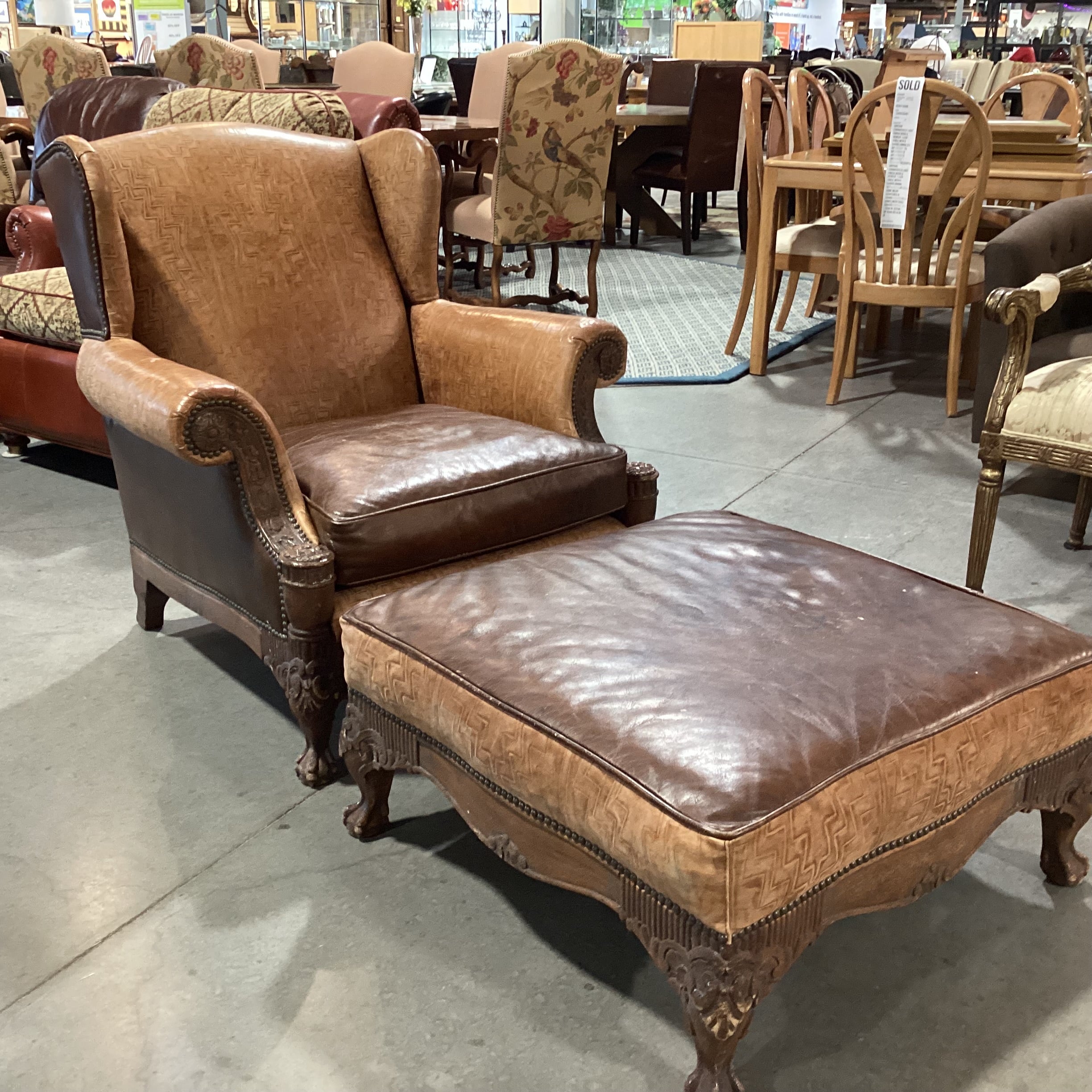 Old Hickory Tannery 2 Tone & Embossed Leather Nailhead Ornate Carved Wood with Ottoman Chair 38"x 36"x 37.5"