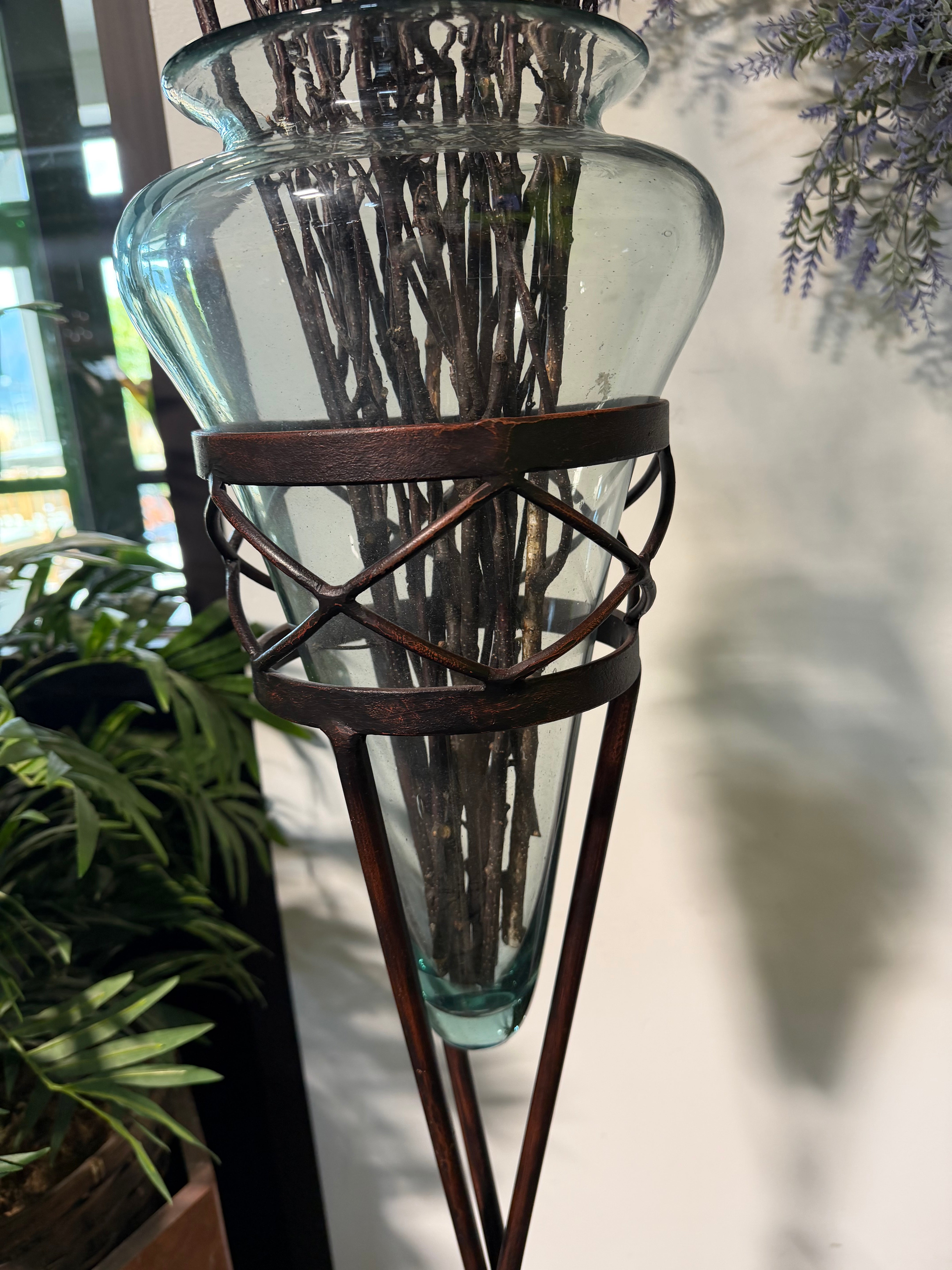 Ornamental Iron & Blown Glass Stand 14”x 14”x 59”