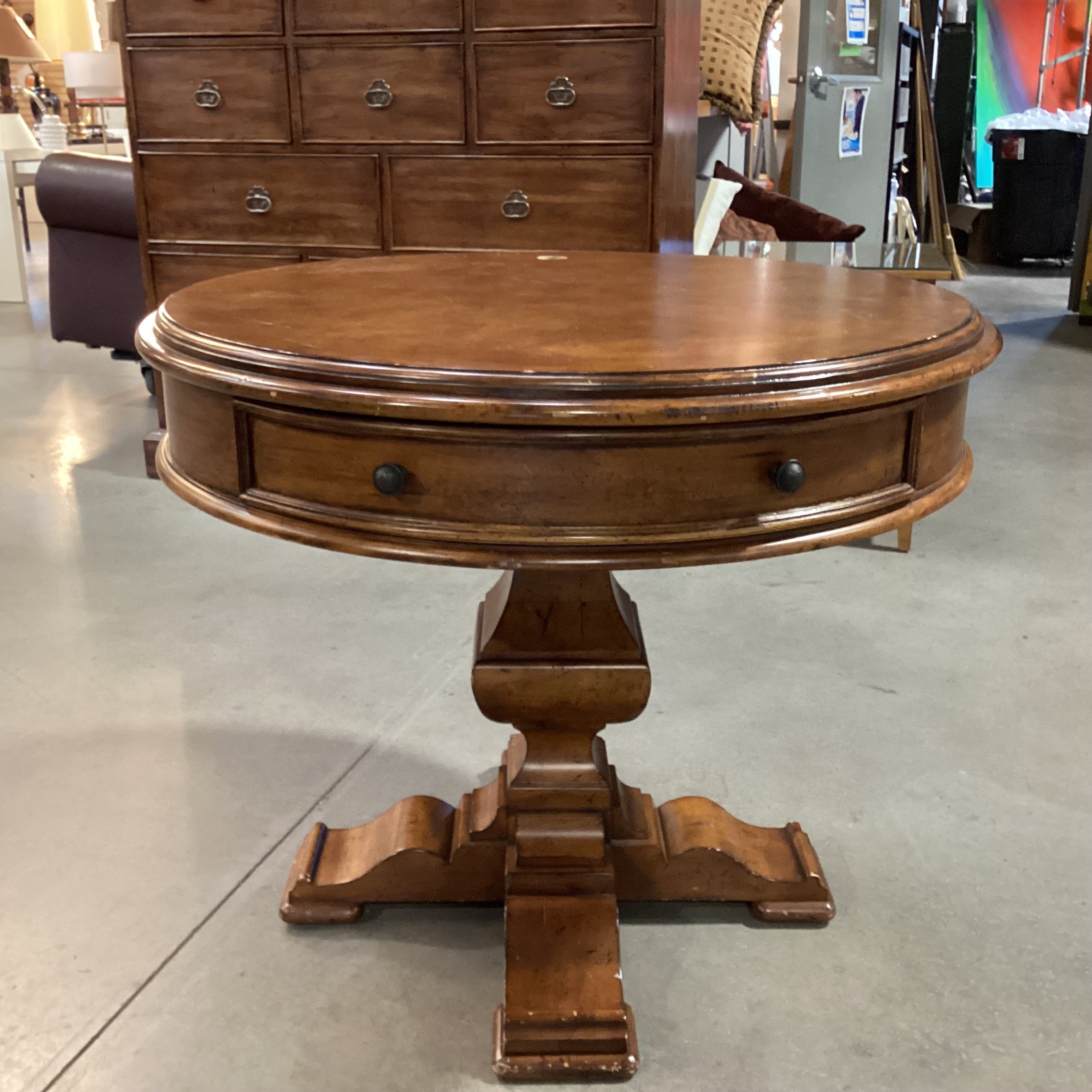 Furniture Land South Round Finished Veneer & Wood 1 Drawer Accent Table 36" Diameter x 30"