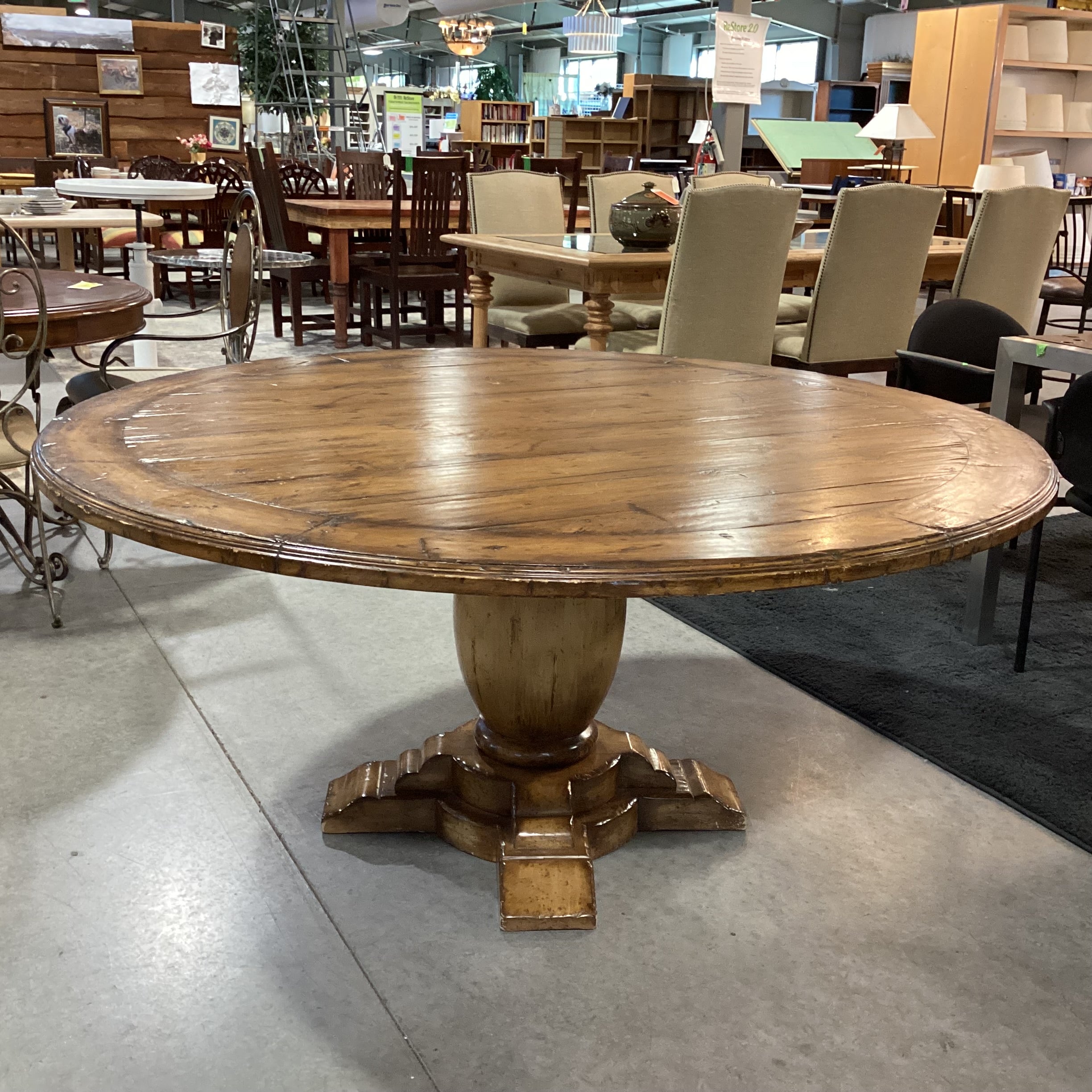 Light Distressed Wood with Pedestal Round Dining Table 62" Diameter x 29.5"