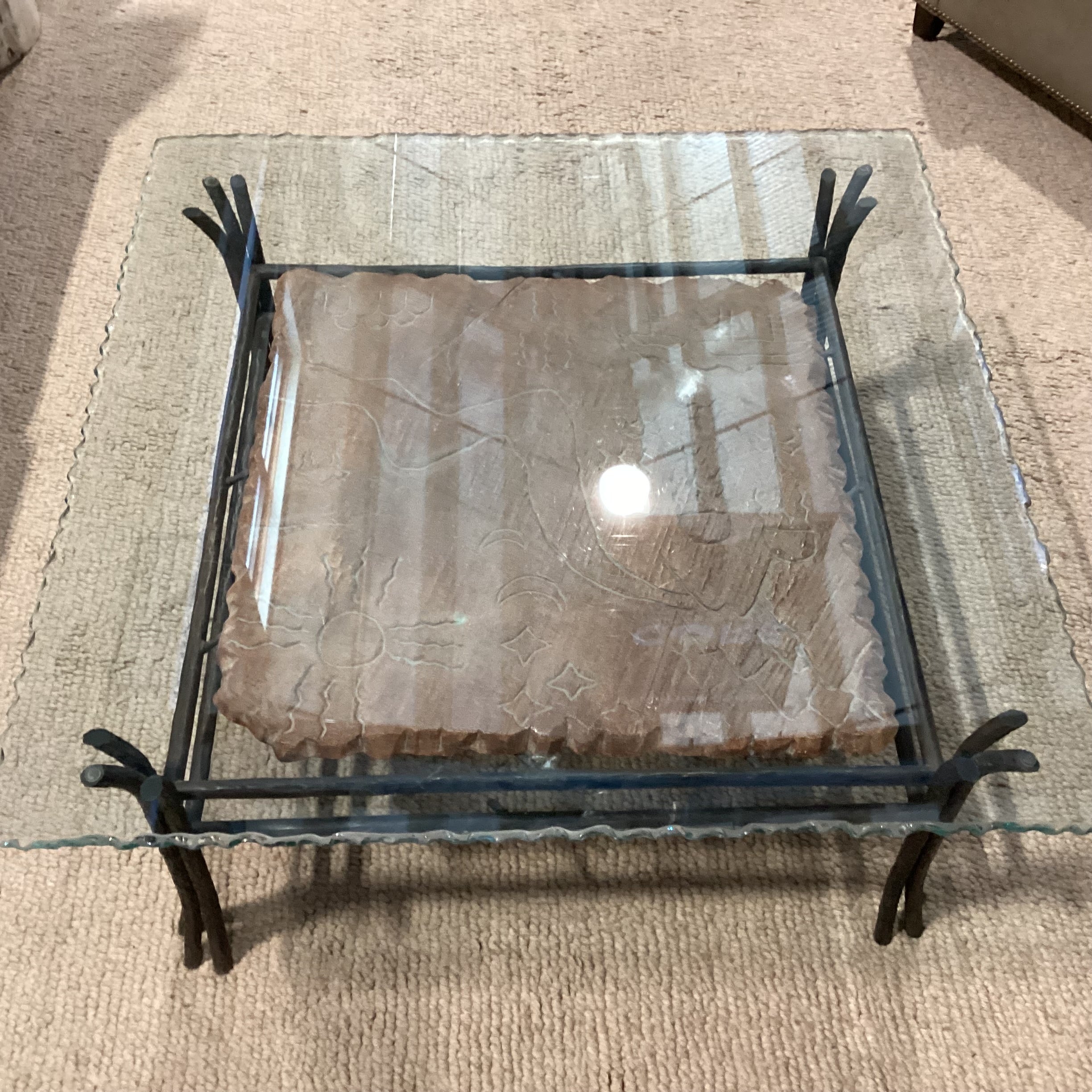 Wrought Iron Carved Scene on Stone & Live Edge Glass Coffee Table 38"x 38"x 17"