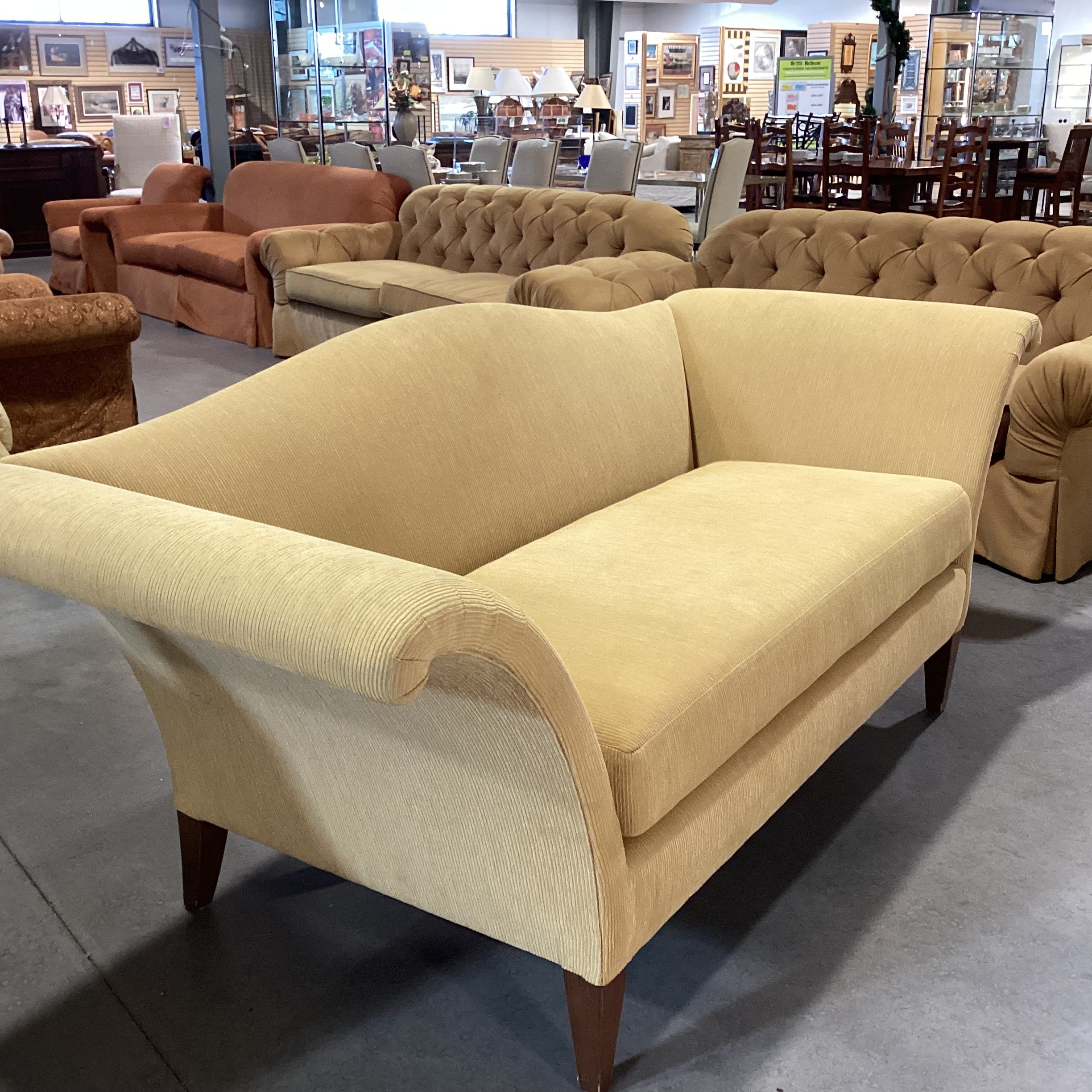 Initials Furniture Golden Yellow Ribbed Upholstery Curve Roll Arm & Arch Back Sofa 90"x 36"x 36.5"