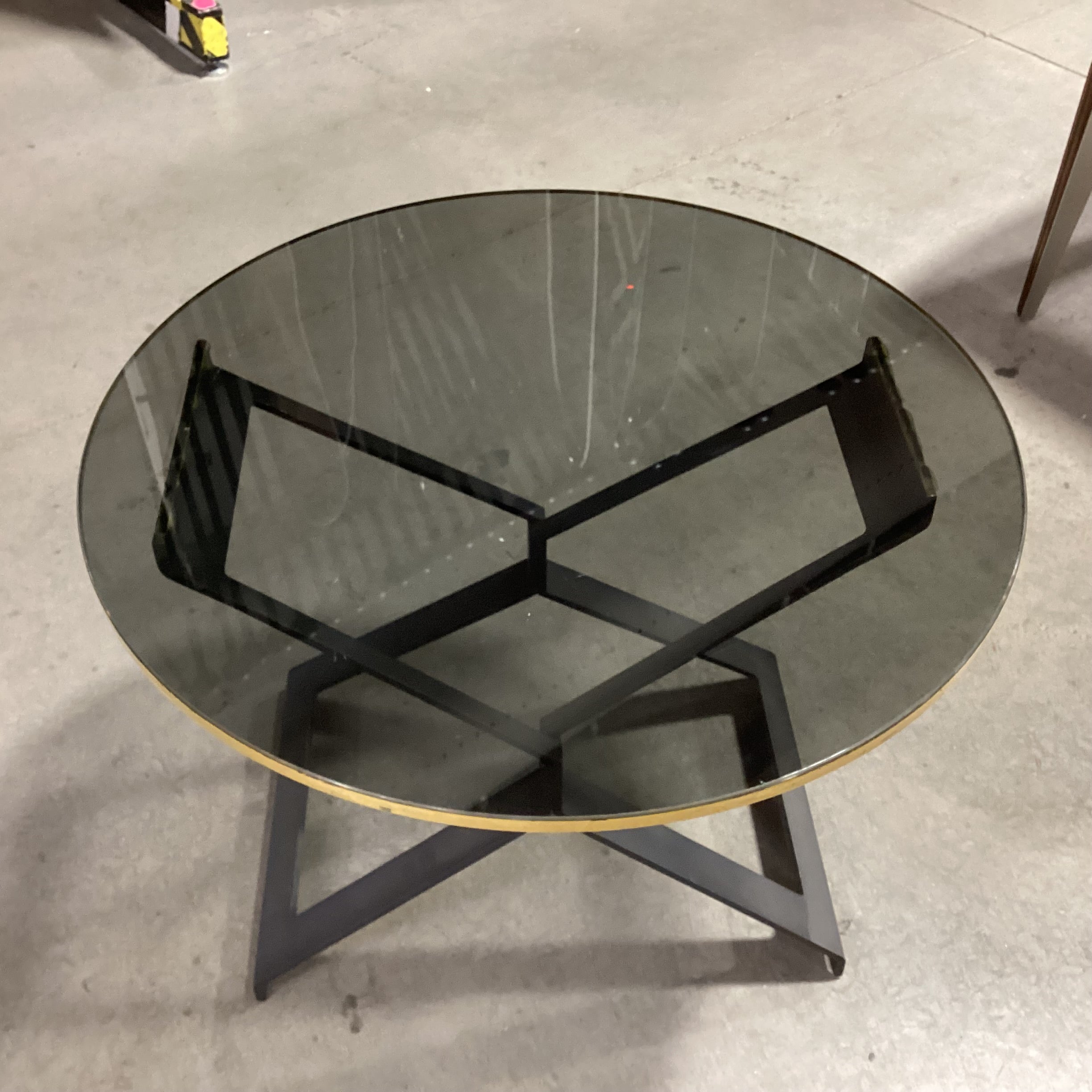 Black Finished Brass & Round Black Glass with Gold Gilt Edge Accent Table 26" Diameter x 21"