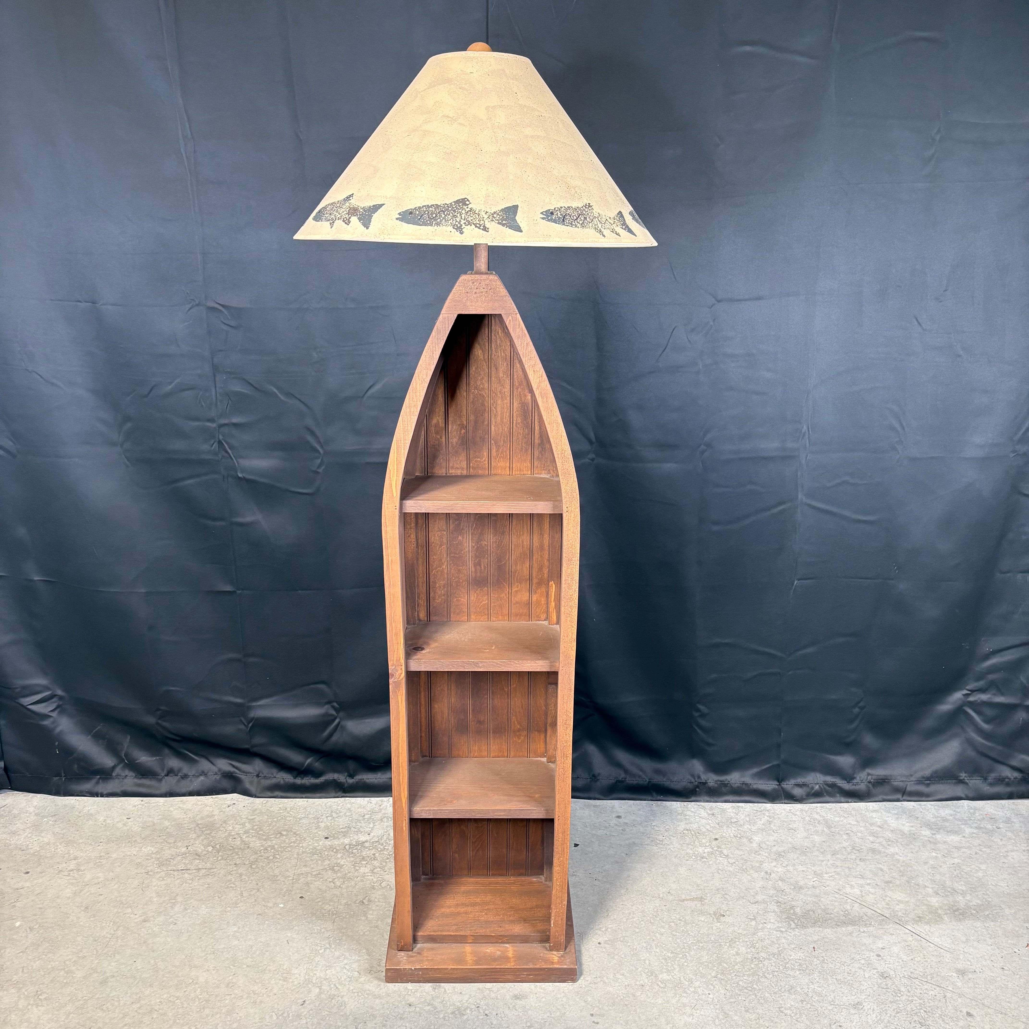 Black Forest Style Wood Canoe Bookcase with Fish Painted Shade Floor Lamp 22” Diameter @ Shade x 61”