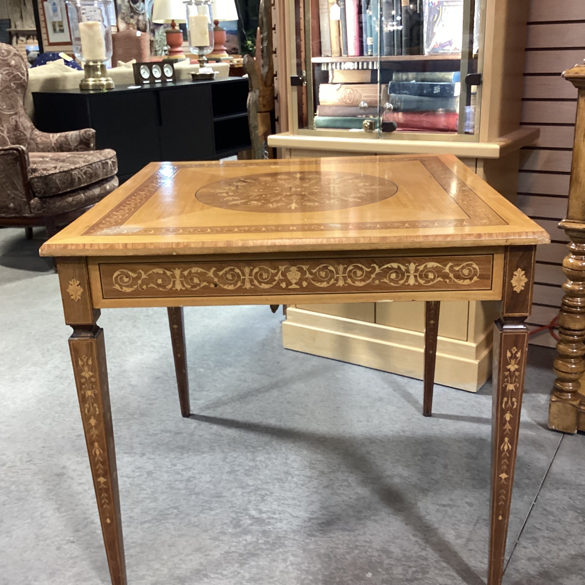 Vintage Ornate Inlay Veneer Accent Table 32"x 32"x 30"