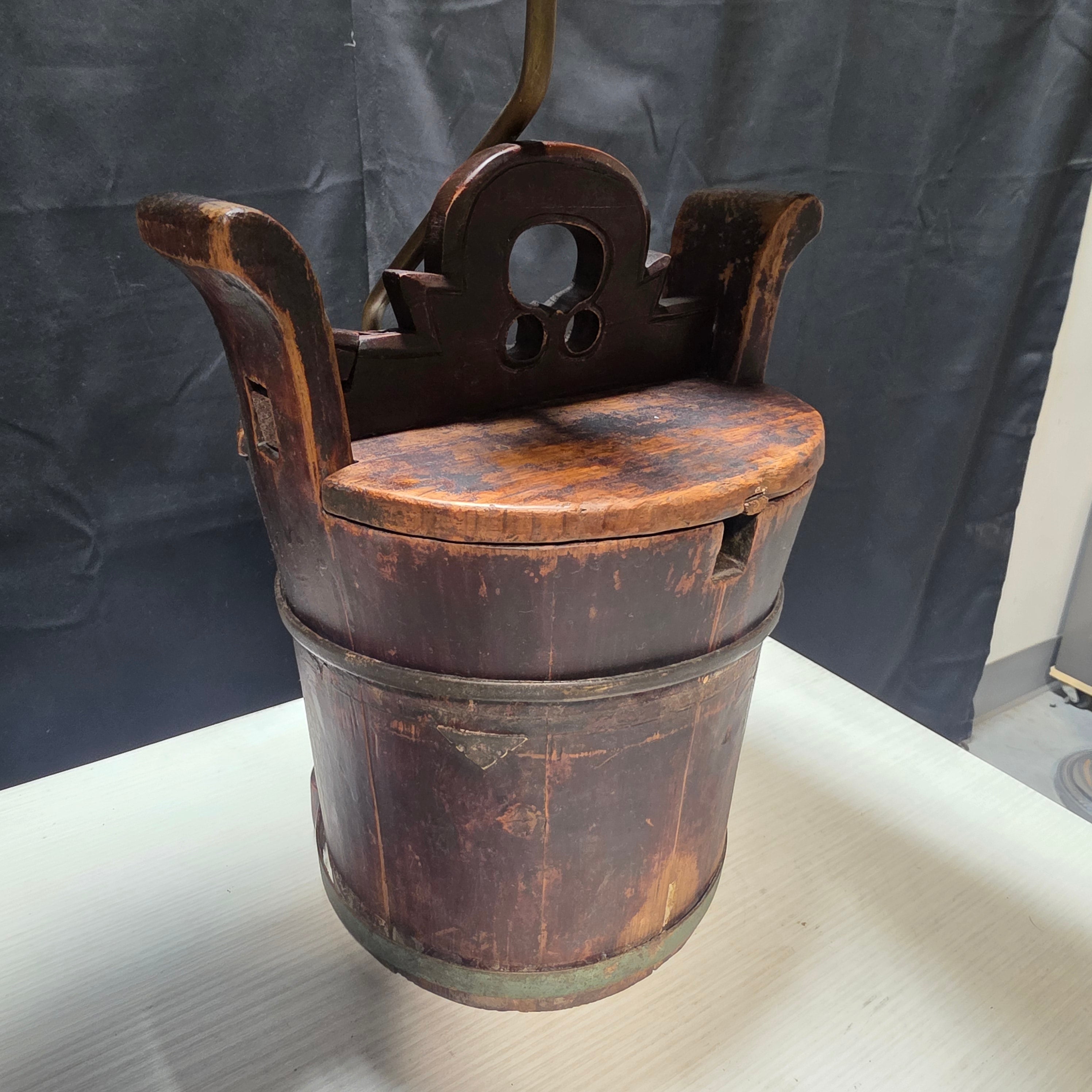 Unique Antique Chinese Rice / Water Bucket Turned into a Lamp 8.25"x10"x25"