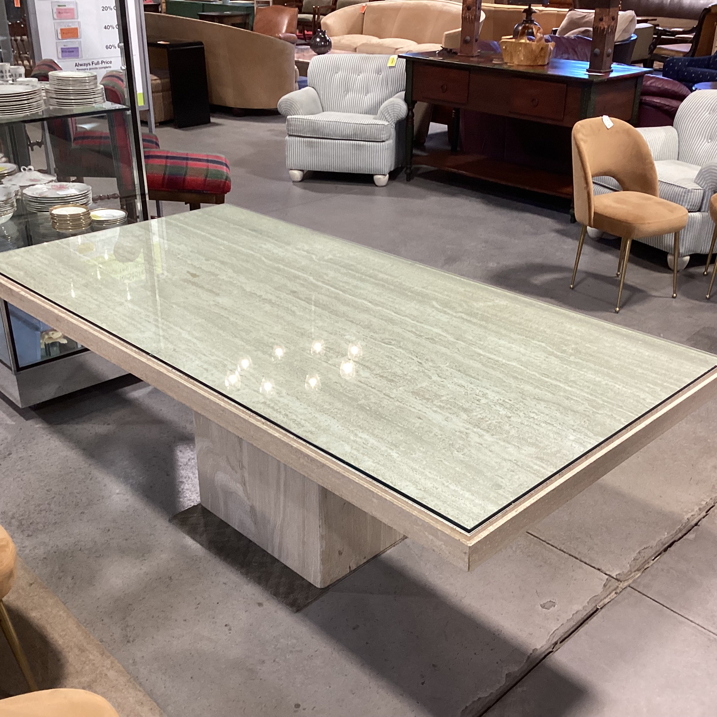Italian Travertine with Glass Top Dining Table 79"x 39.5"x 30"