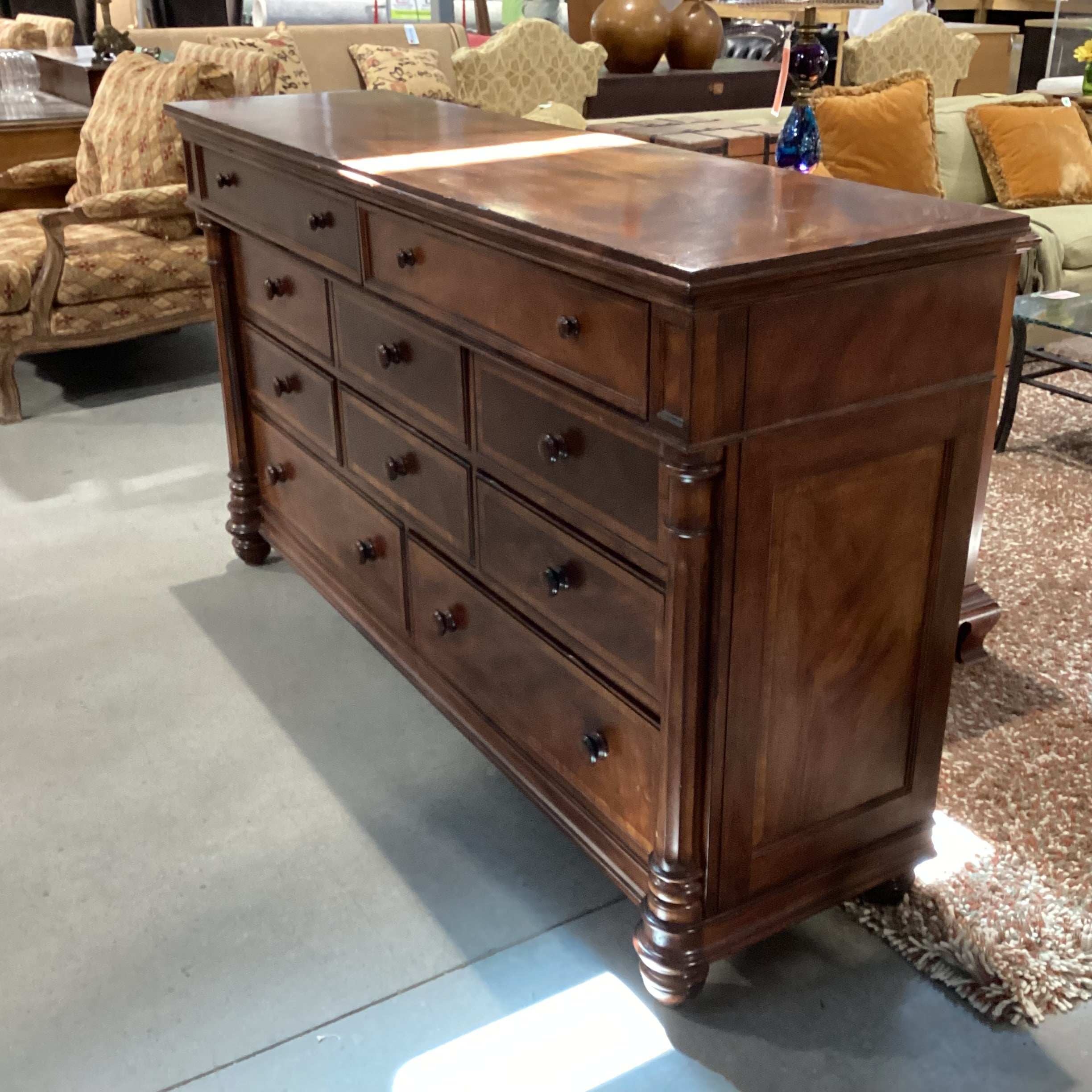 Jackson Carter Furniture Dark Finish Carved Column Detail 10 Drawer Dresser 69.5"x 20"x 40"