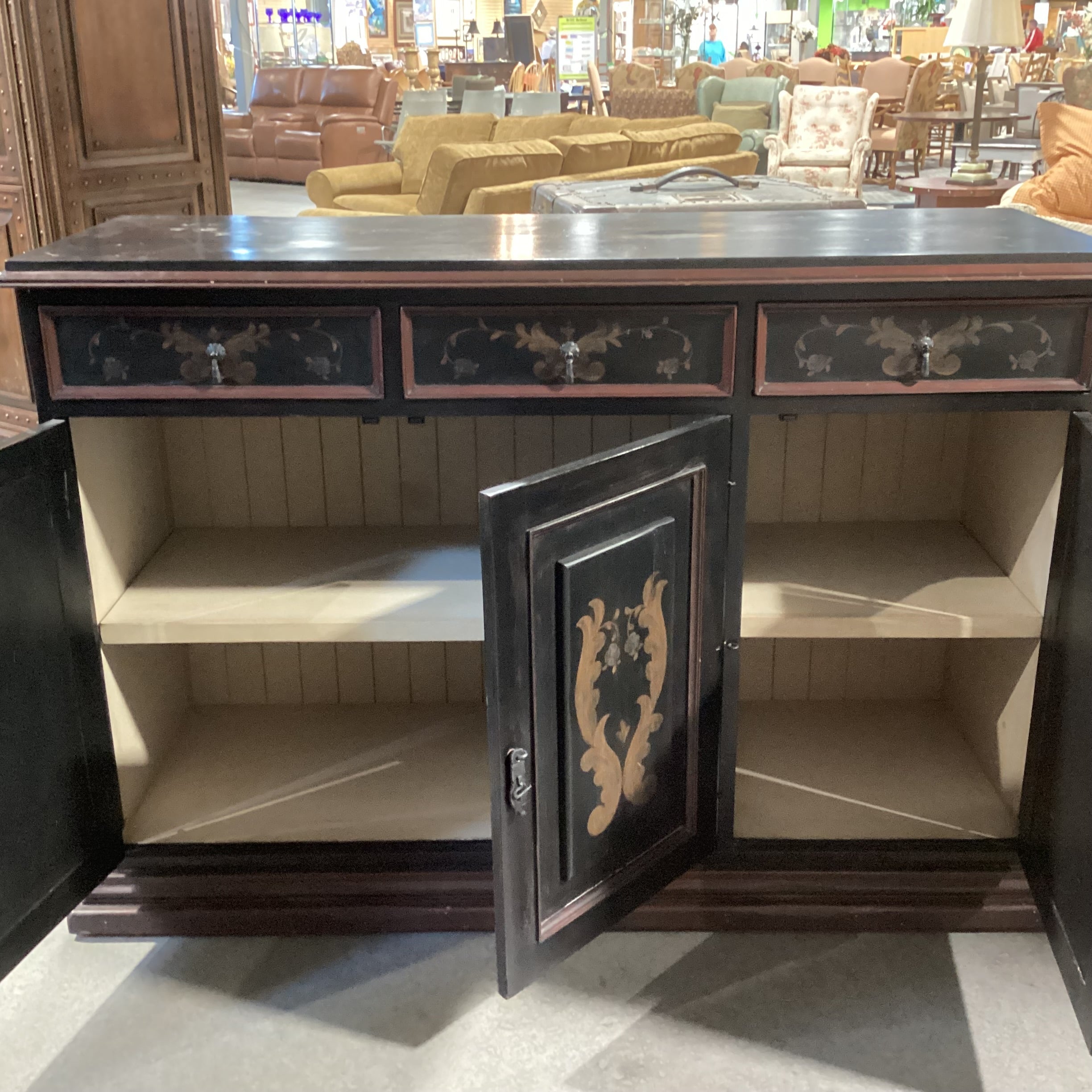 Black & Red Antiqued with Gold Ornate Painted Detail 3 Drawer 3 Door with Shelves Sideboard 60"x 21"x 41"