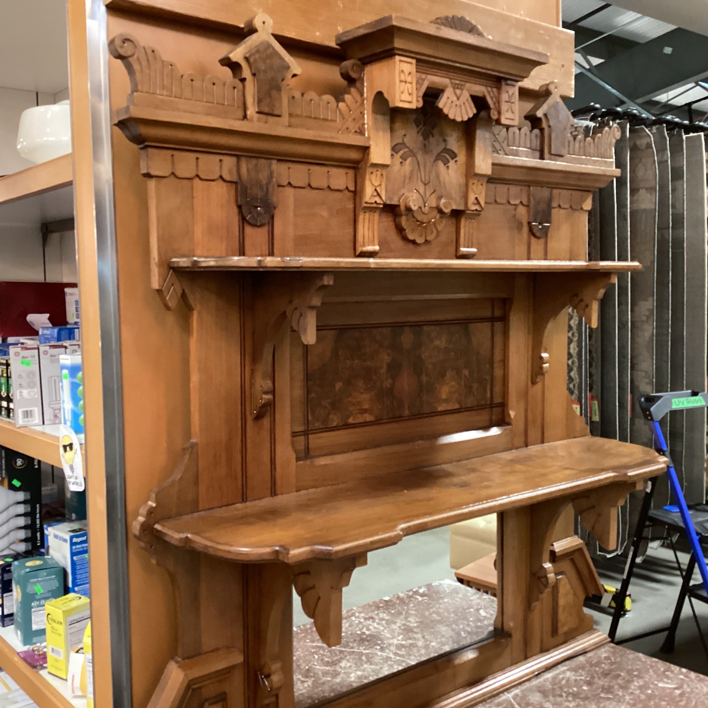 Antique Eastlake Style Carved Wood & Burl Veneer Marble Top with Mirror & Shelves 2 Piece Sideboard 46"x 19"x 85"