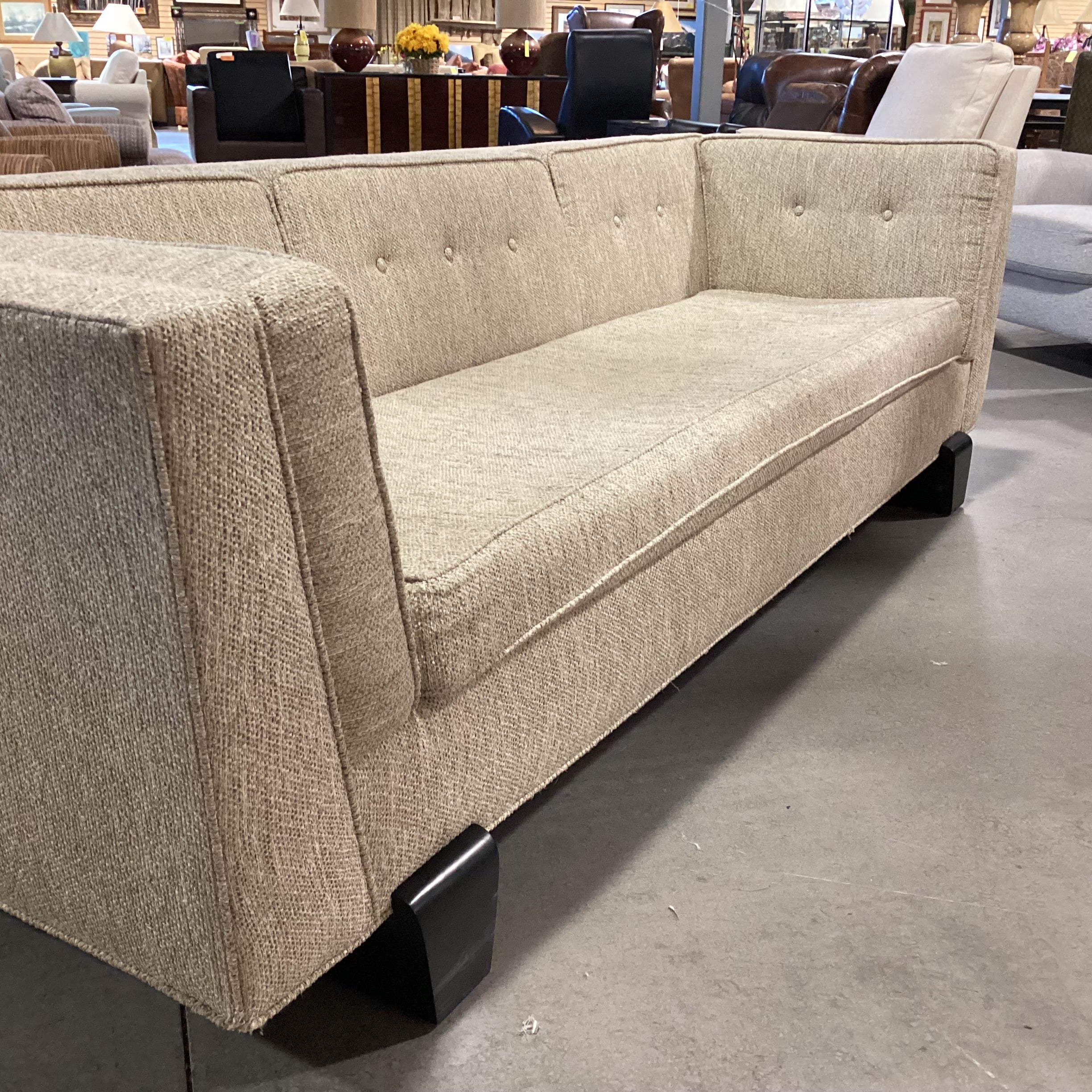 Vintage Asian Inspired Beige Woven Black Finished Wood Rail Base Sofa 98"x 37"x 29"