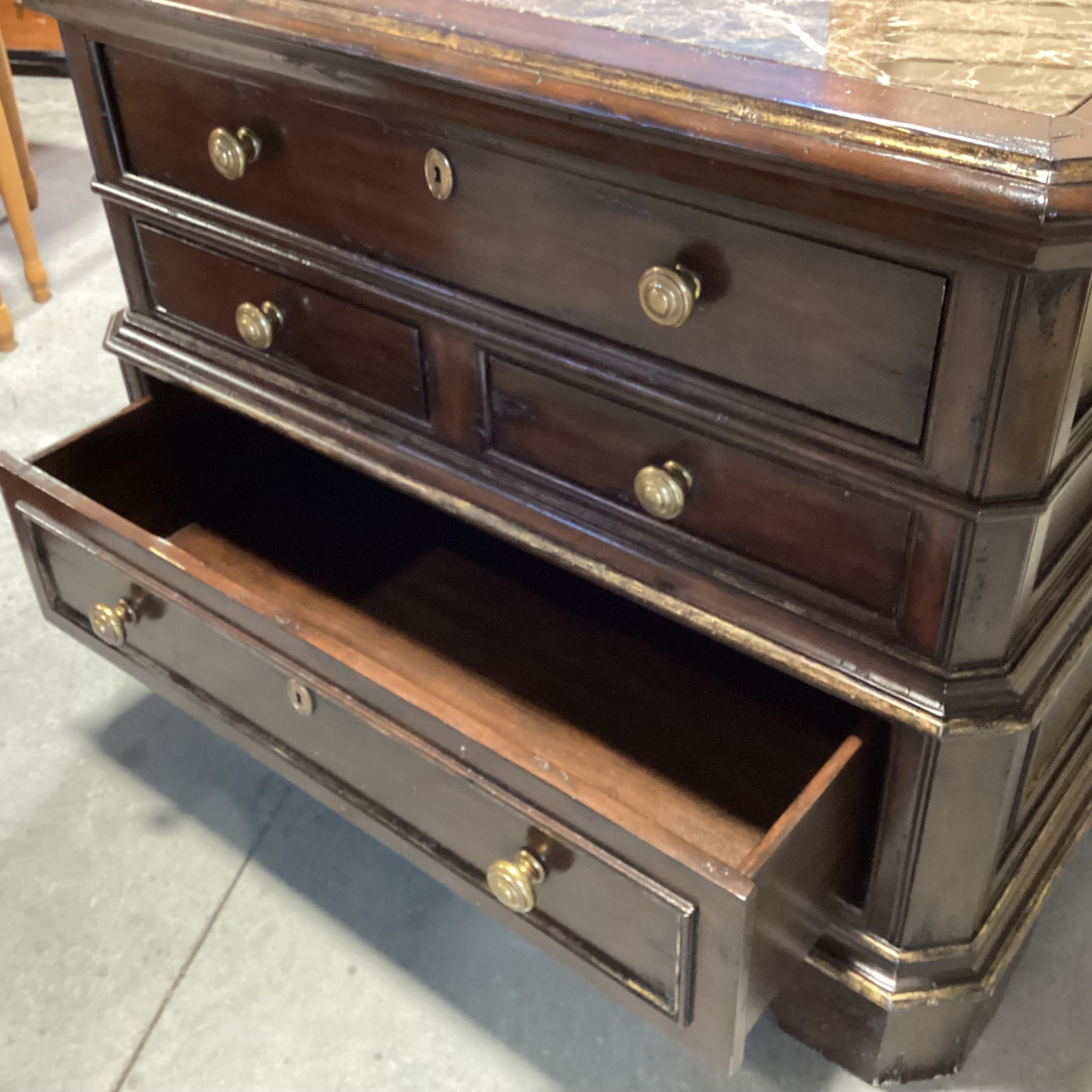 Marge Carson Antiqued Black with Gold Detail Solid Wood Marble Inset 4 Drawer with Brass Chest 46"x 24"x 35.5"