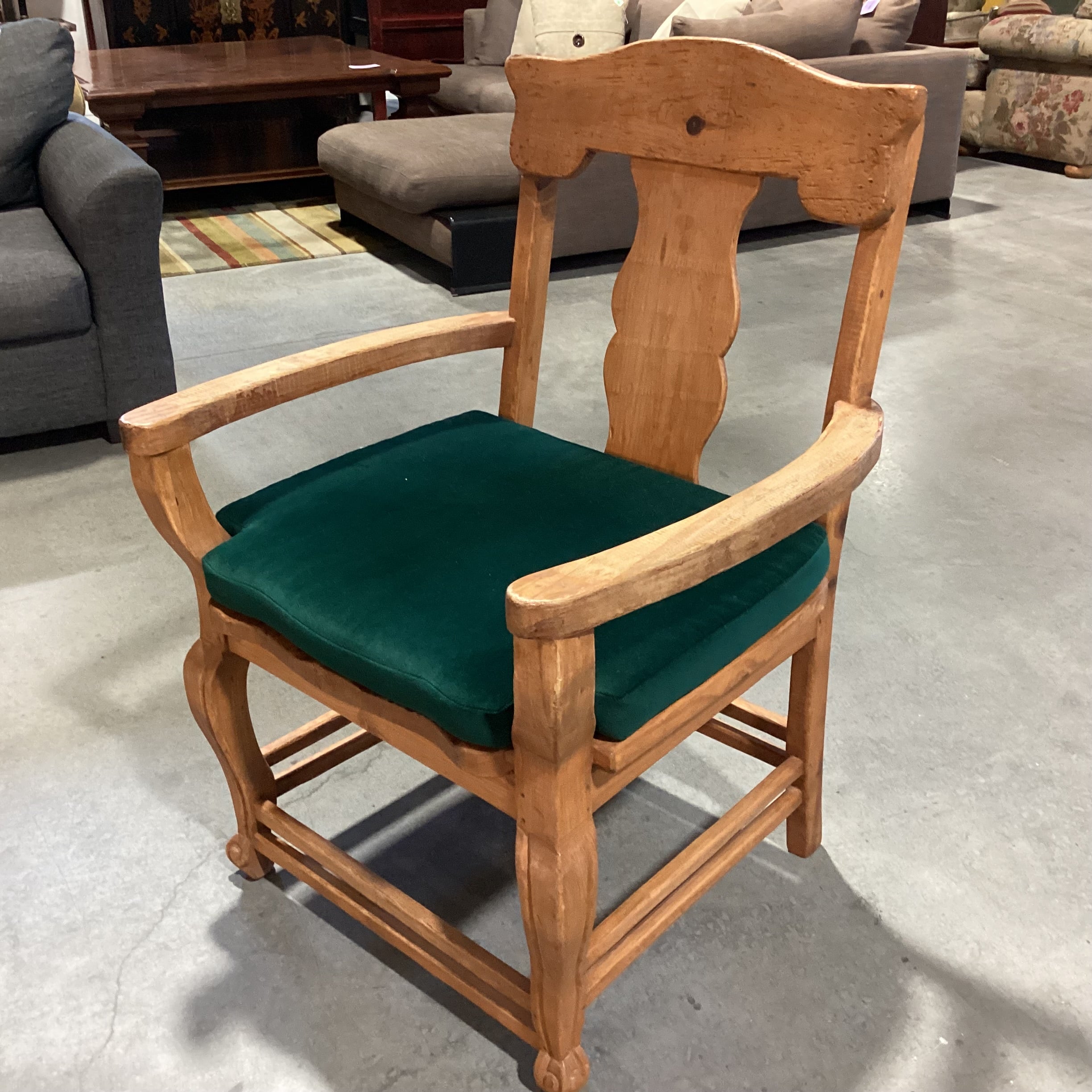 Vintage Natural Carved Wood with Green Cushion Chair 30"x 27"x 41"