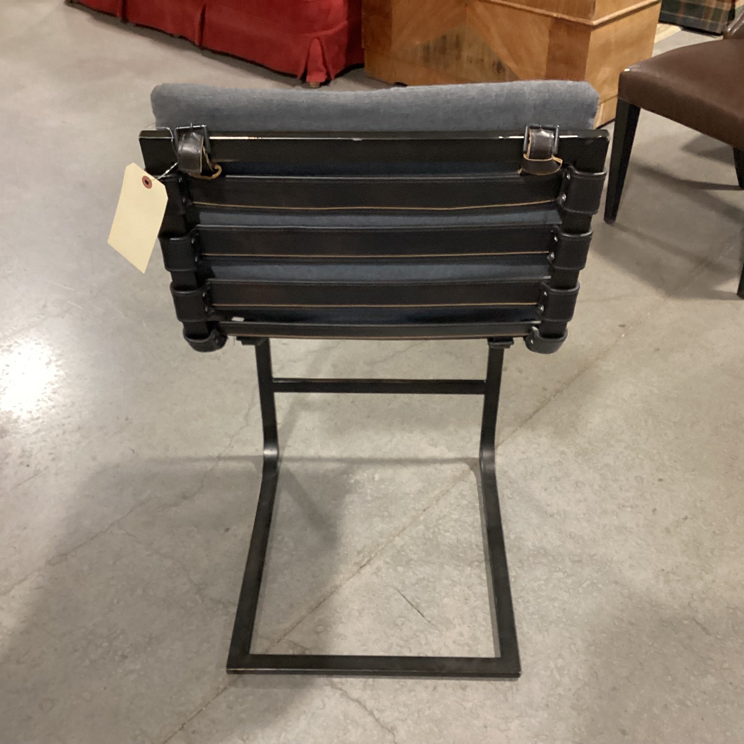 Restoration Hardware Black Metal & Leather Strapped with Grey Cushion Barstool 25"