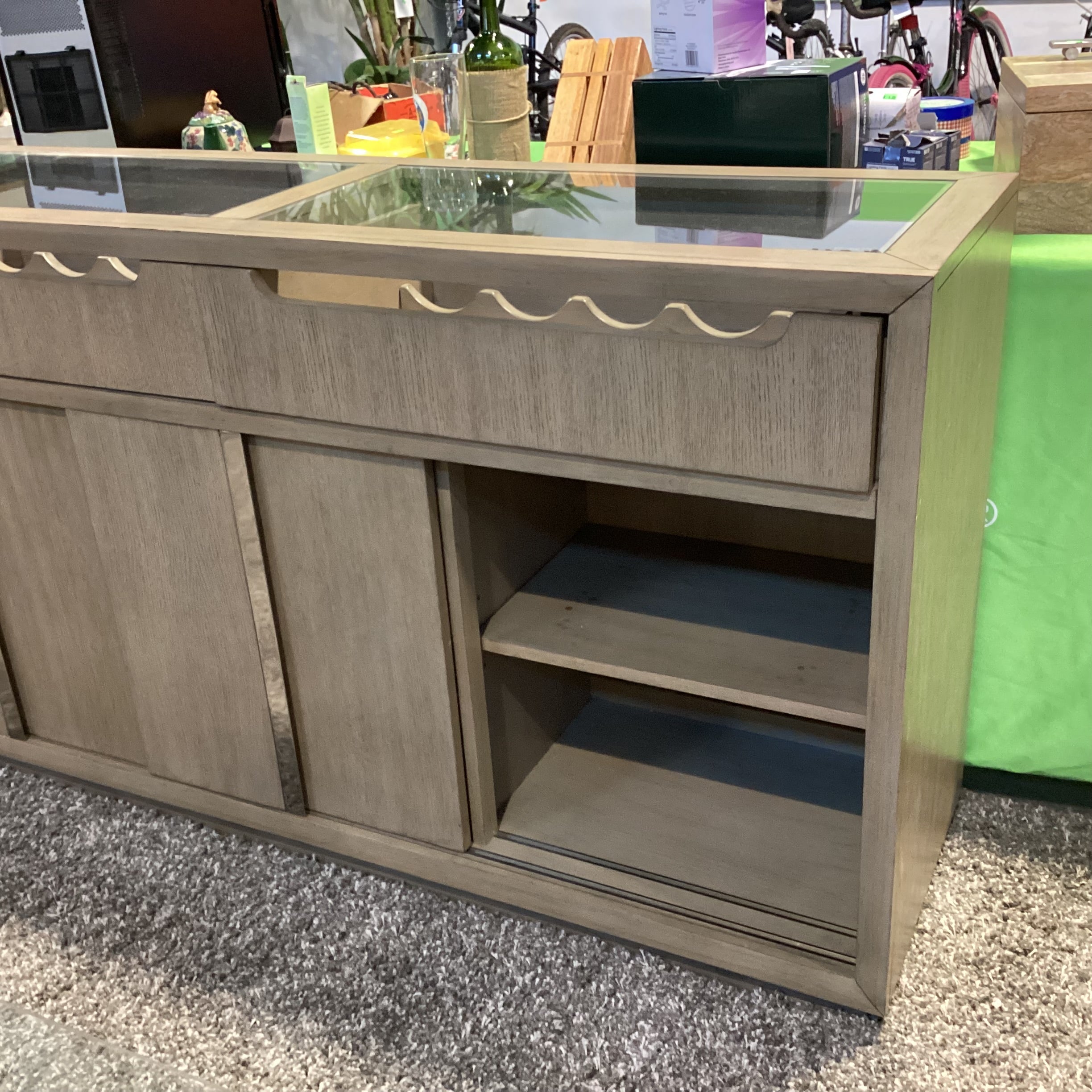 Klaussner Olive Grey Tone Finish Sliding Doors & 2 Wine Drawers with Glass Top Server Sideboard 65"x 18"x 36"