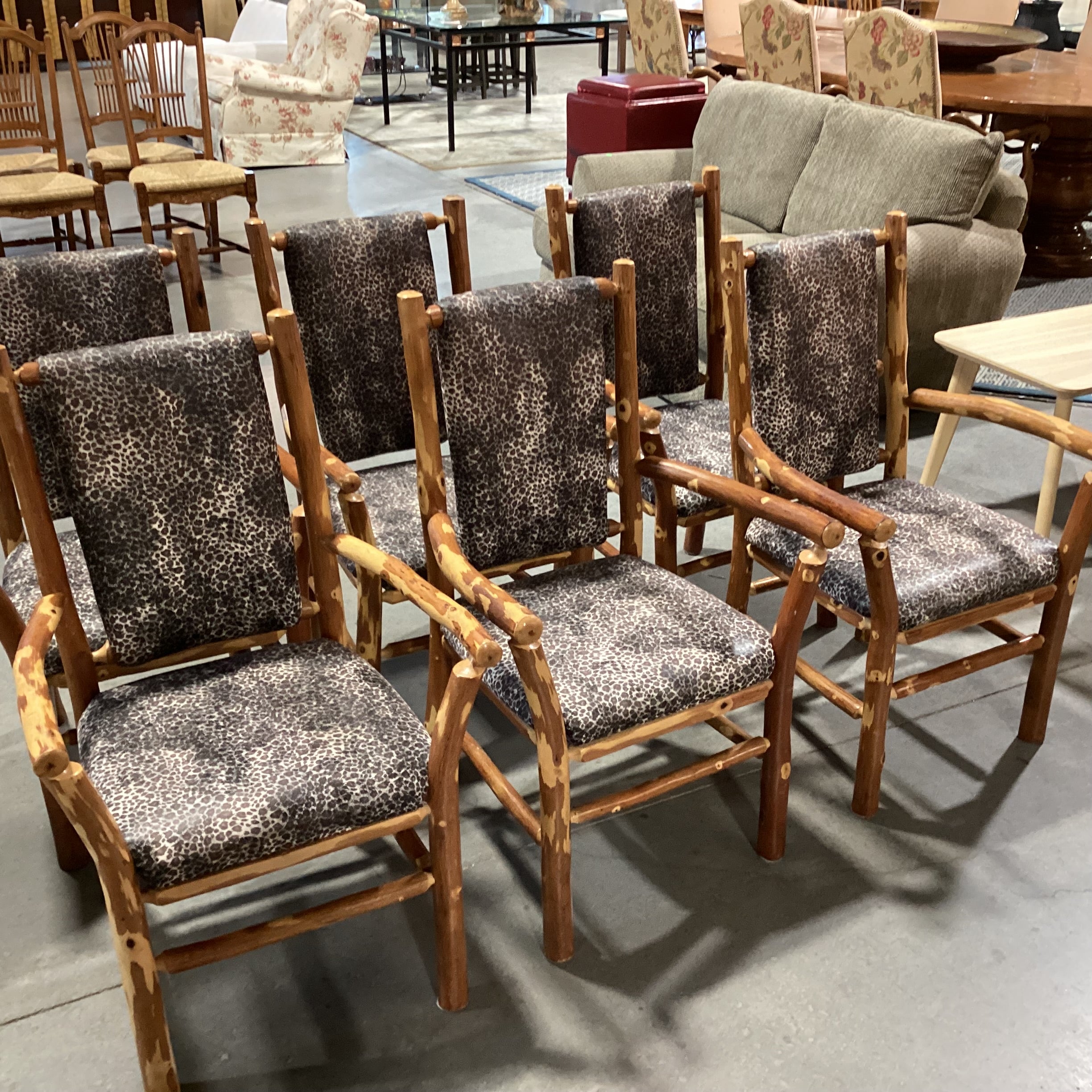 SET of 6 Peeled Style Log & Animal Print Armed Dining Chairs 24"x 24"x 39"