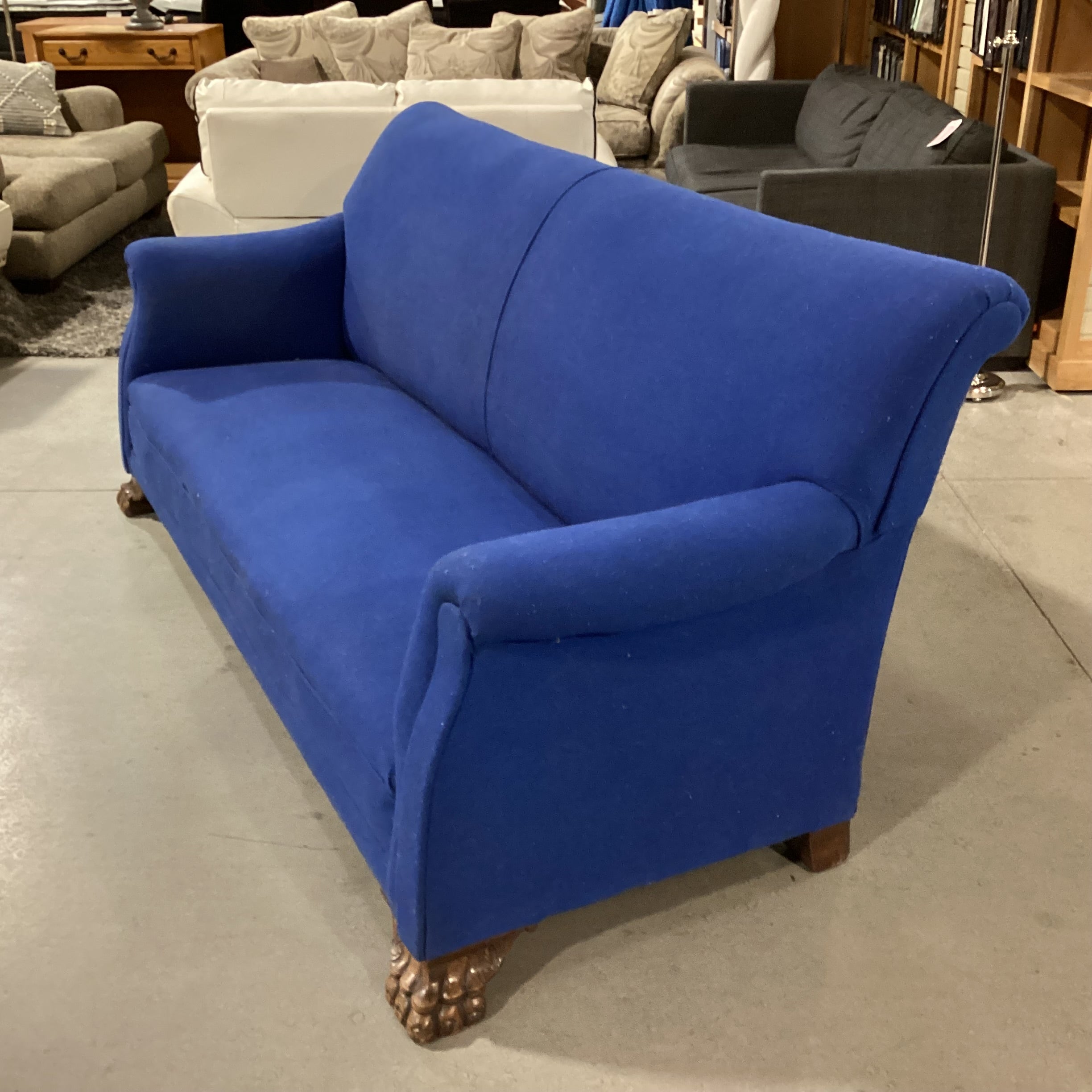 Royal Blue Woven & Carved Clawfoot Sofa 79"x 33"x 37"