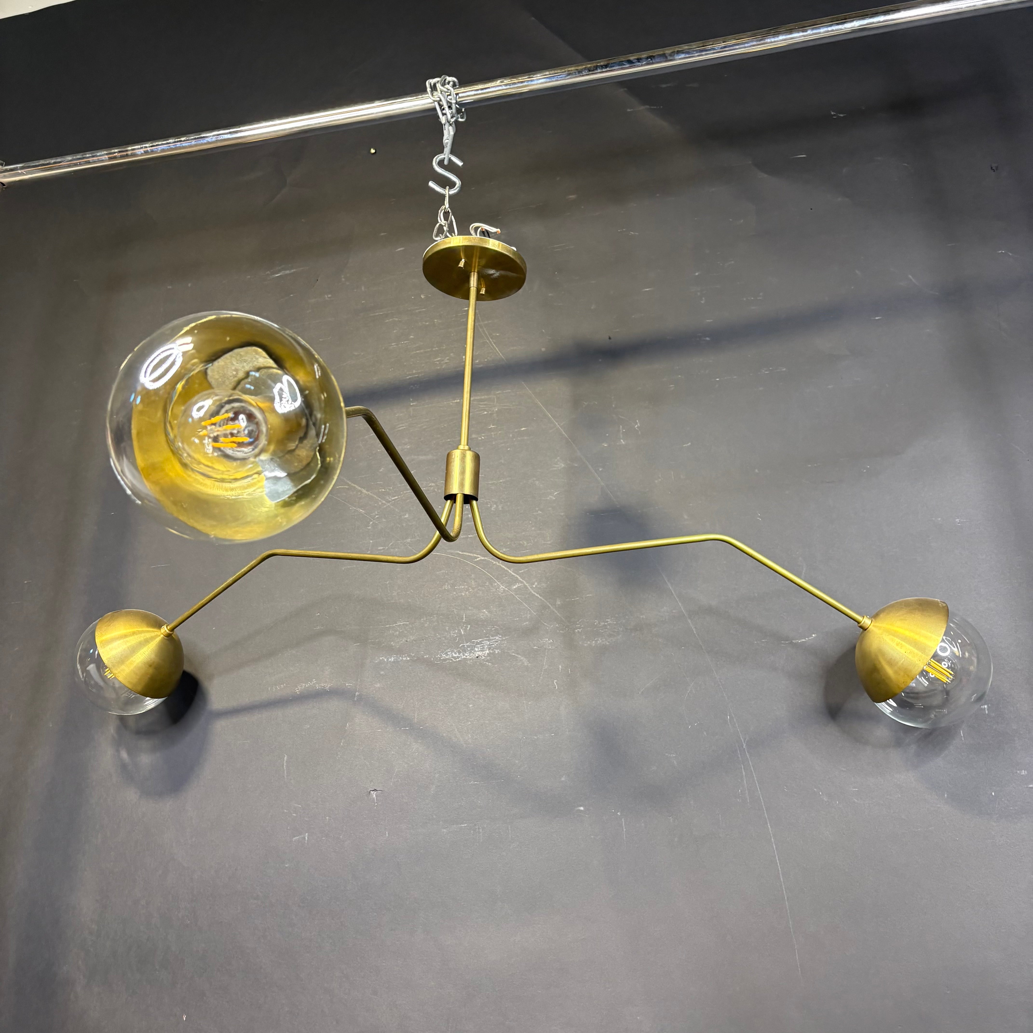 Seven Home Custom 3-Light Mid-Modern Antiqued Brass and Glass Chandeliers 50”x 38”x 24”