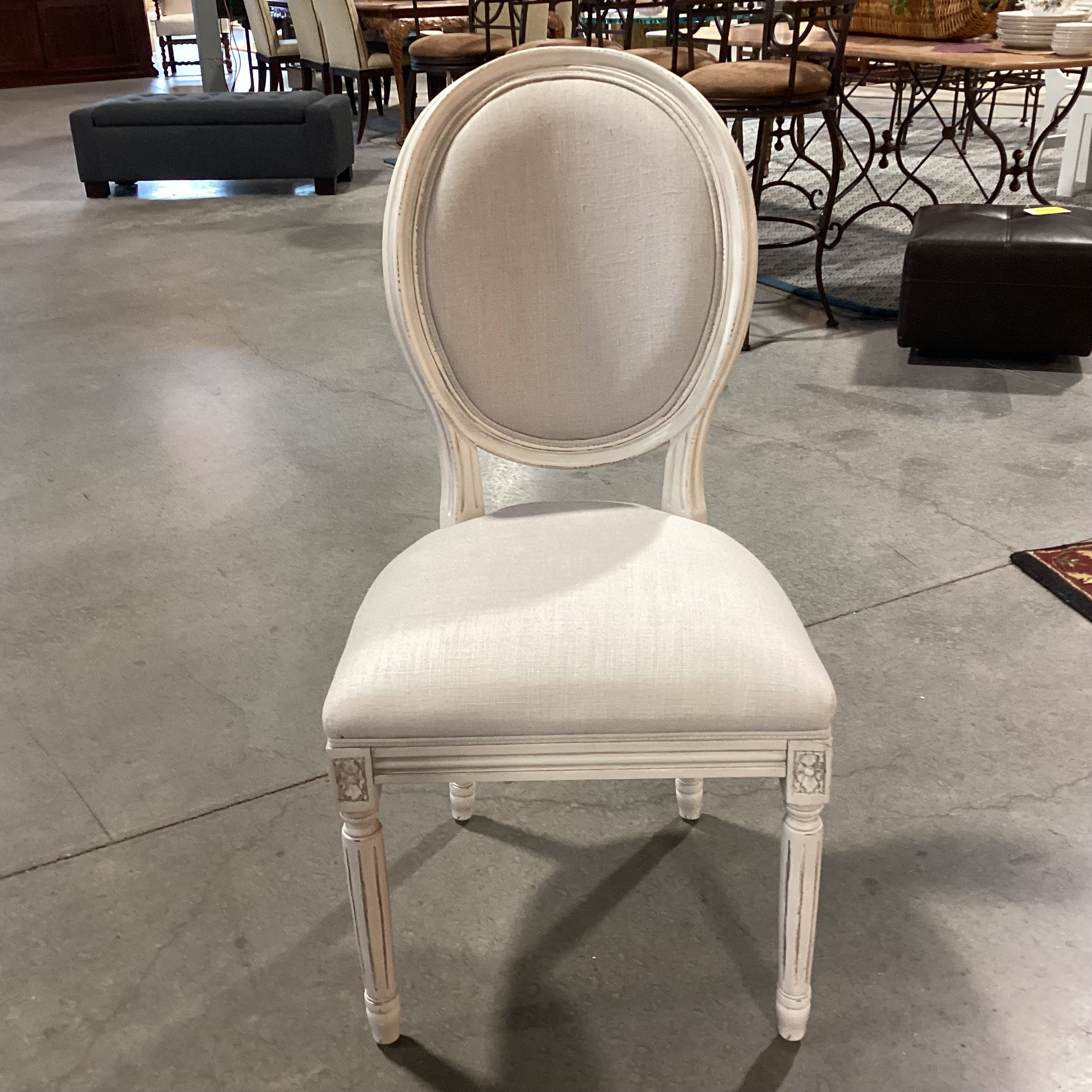 French Provincial Carved Antiqued White & Linen with Sequin Back Chair 20"x 24"x 39.5"