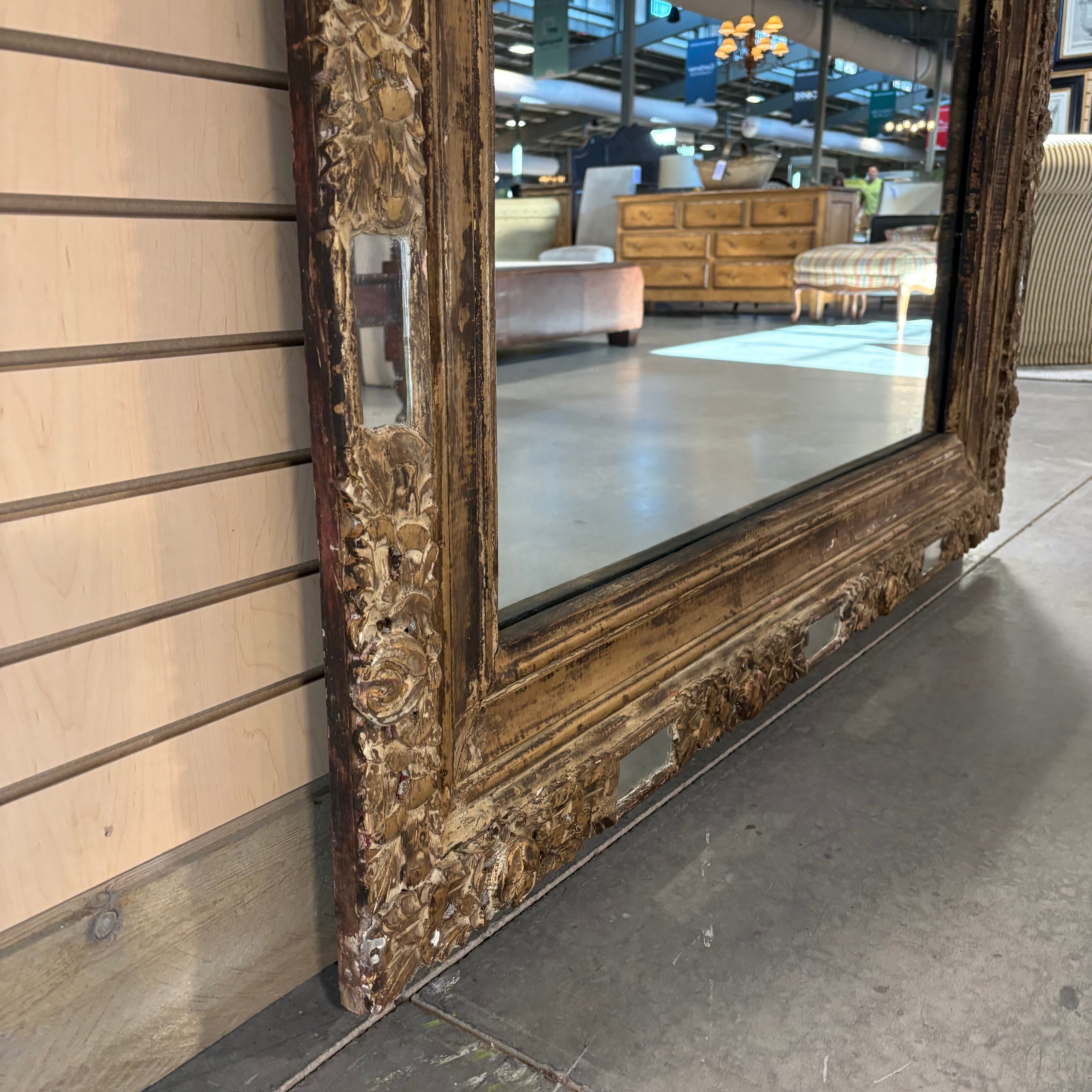 Antique Ornate Floral Carved Wood with Mirrored Accent Frame Wall Hanging Mirror 60” x 84”