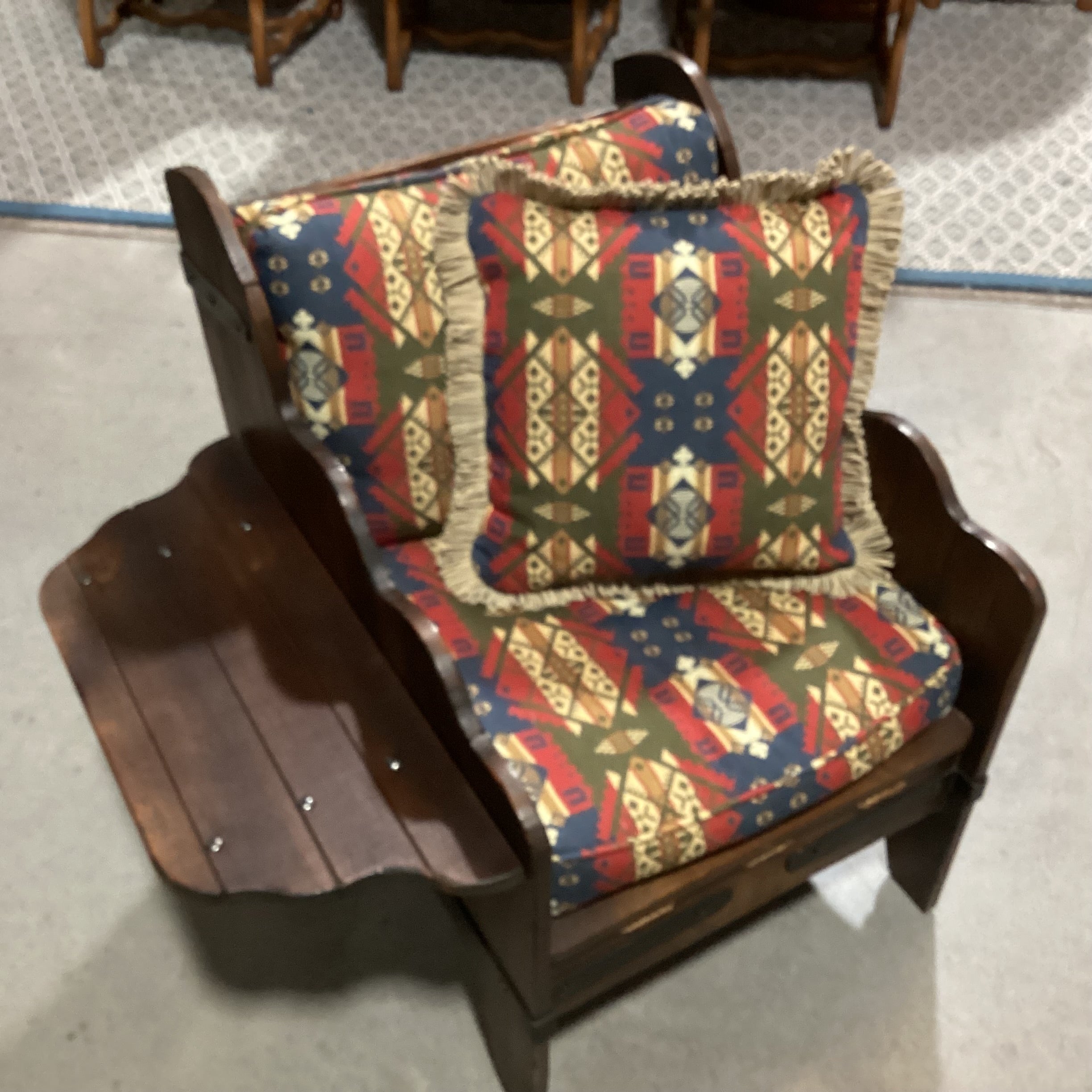 Art in Fine Forms Custom Dark Finish Plank Wood Iron & Rope Southwest Cushions with Side Table Chair 35"x 31"x 34"