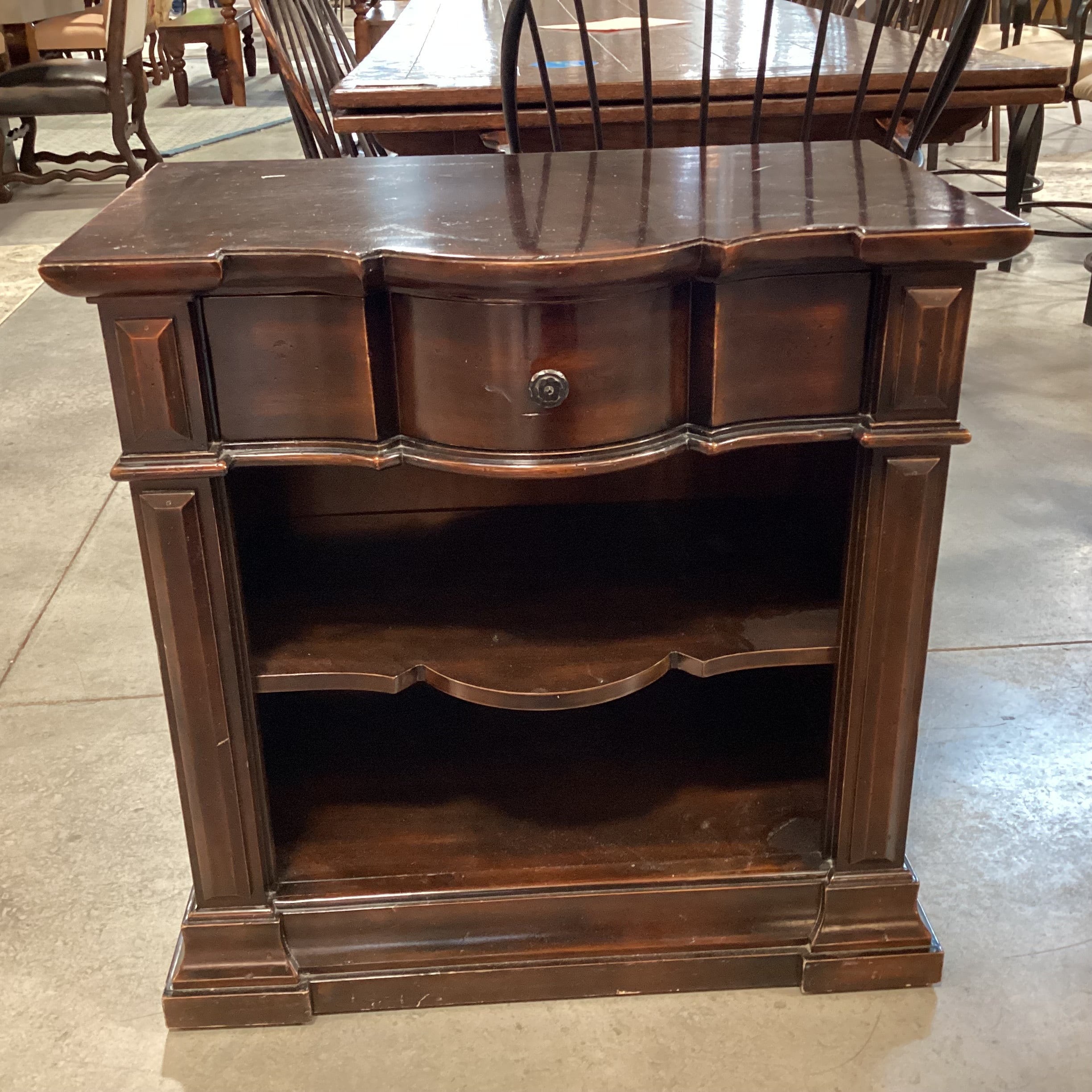 Artistica Dark Finish Serpentine Shape Carved Wood 1 Drawer with Shelves Nightstand 30"x 19"x 30"