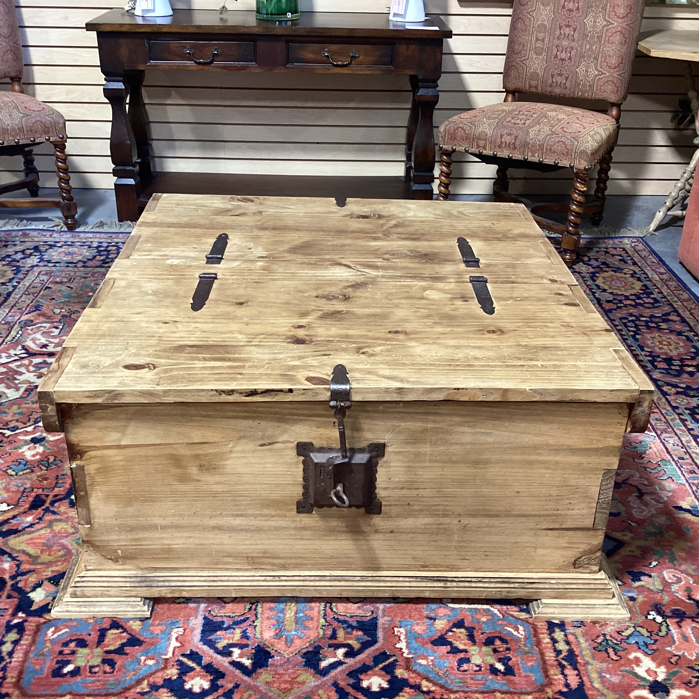 Rustic Pine with Iron Accent Trunk Style with 2 Lift Door Top Storage Coffee Table 41.5"x 43.5"x 18.5"