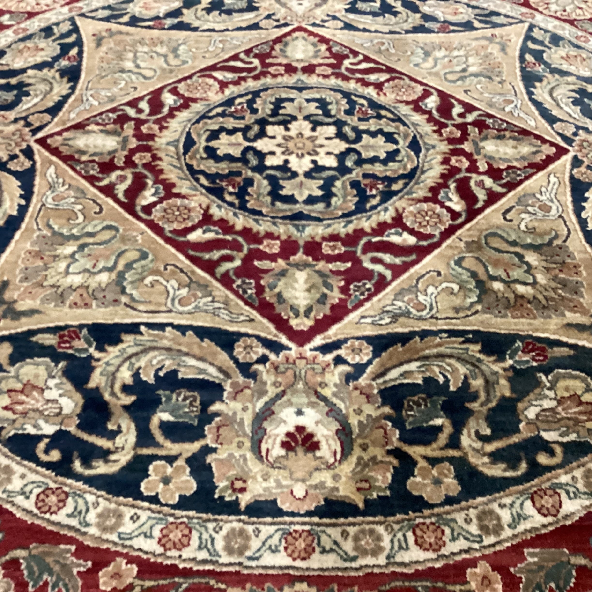 Red Blue Gold Round Hand Woven Wool Rug 8'3" Diameter