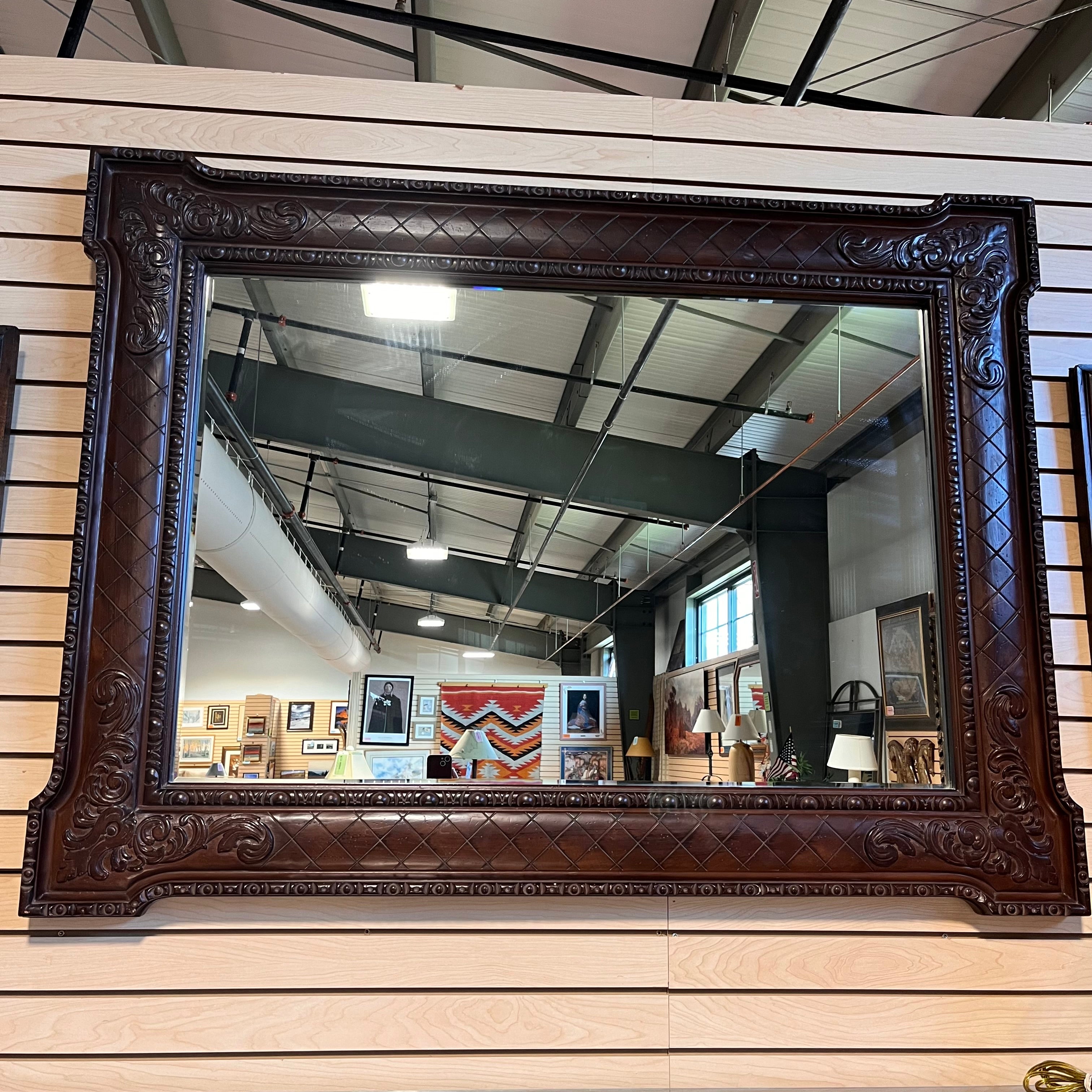 Large Carved Wood Beveled Wall Mirror; 56.5"x 42.5"x 2"