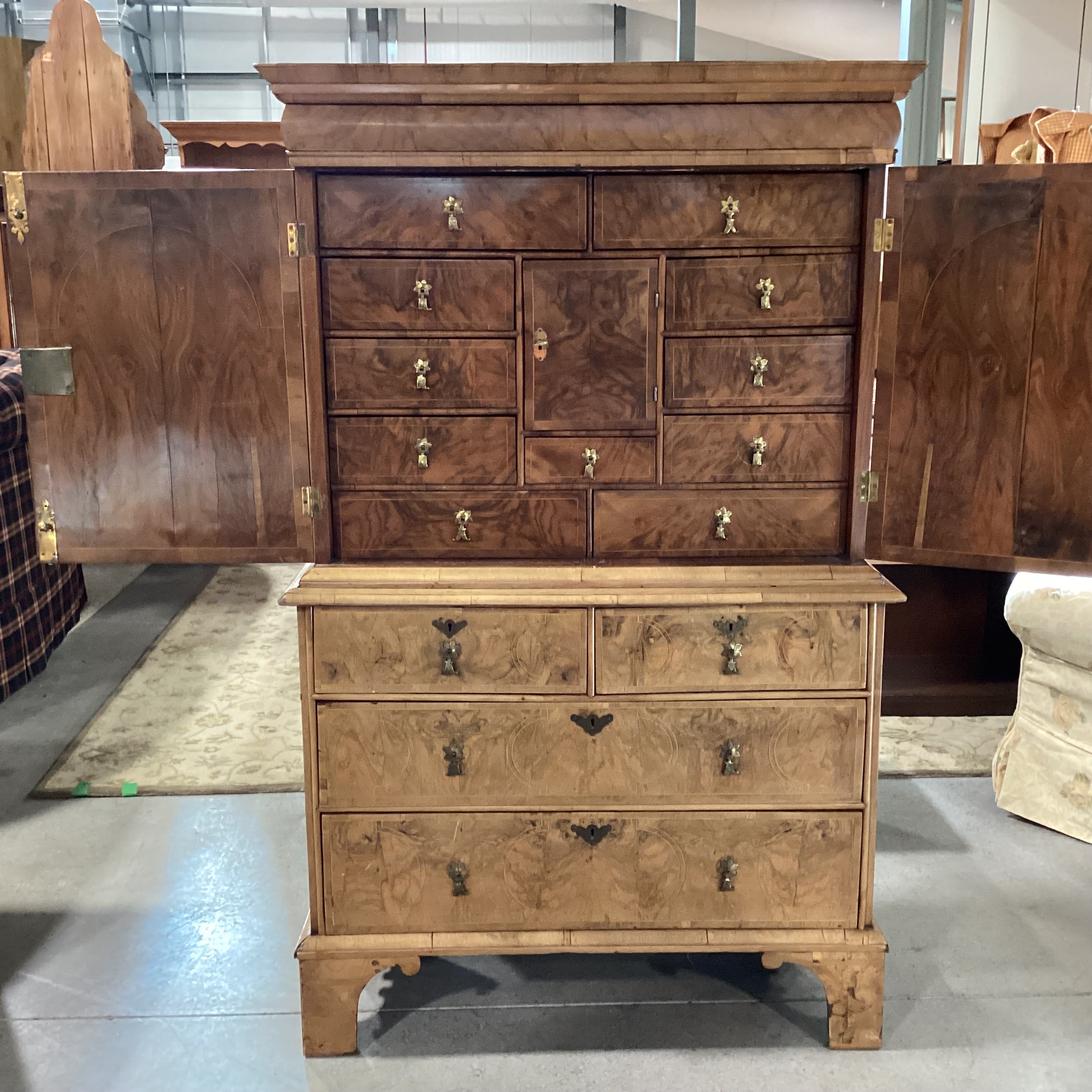 Antique English Burr Walnut Veneer Inlay & Brass Ornate Pulls 18 Drawer 2 Door 2 Piece Cabinet Chest 41"x 18"x 66"