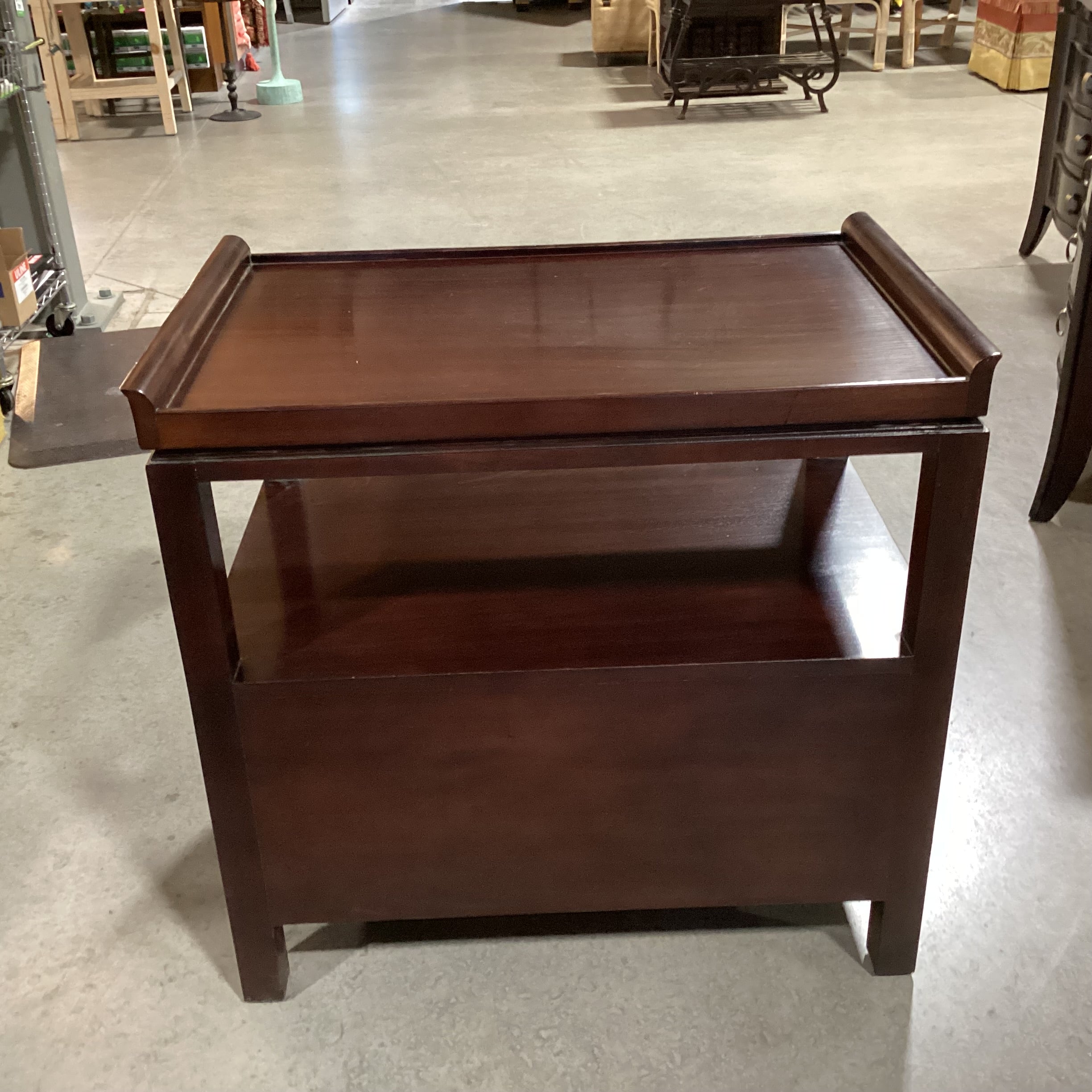 Baker Furniture Mahogany 2 Drawer with Open Shelf & Tray Top End Table 30.5"x 20"x 29.5"