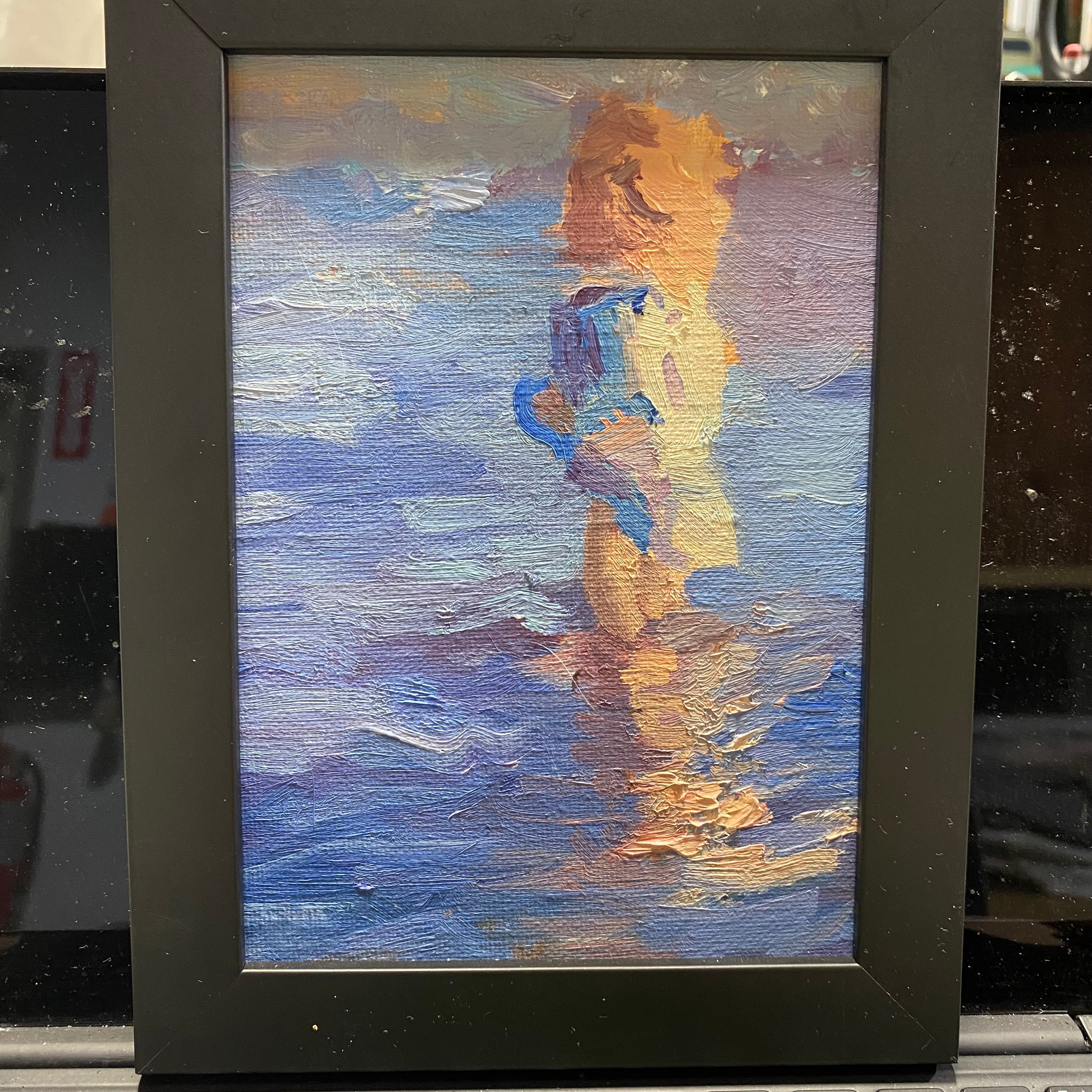 "Figure Wading in Blue Water" Impressionist Oil Painting 6"x 8"