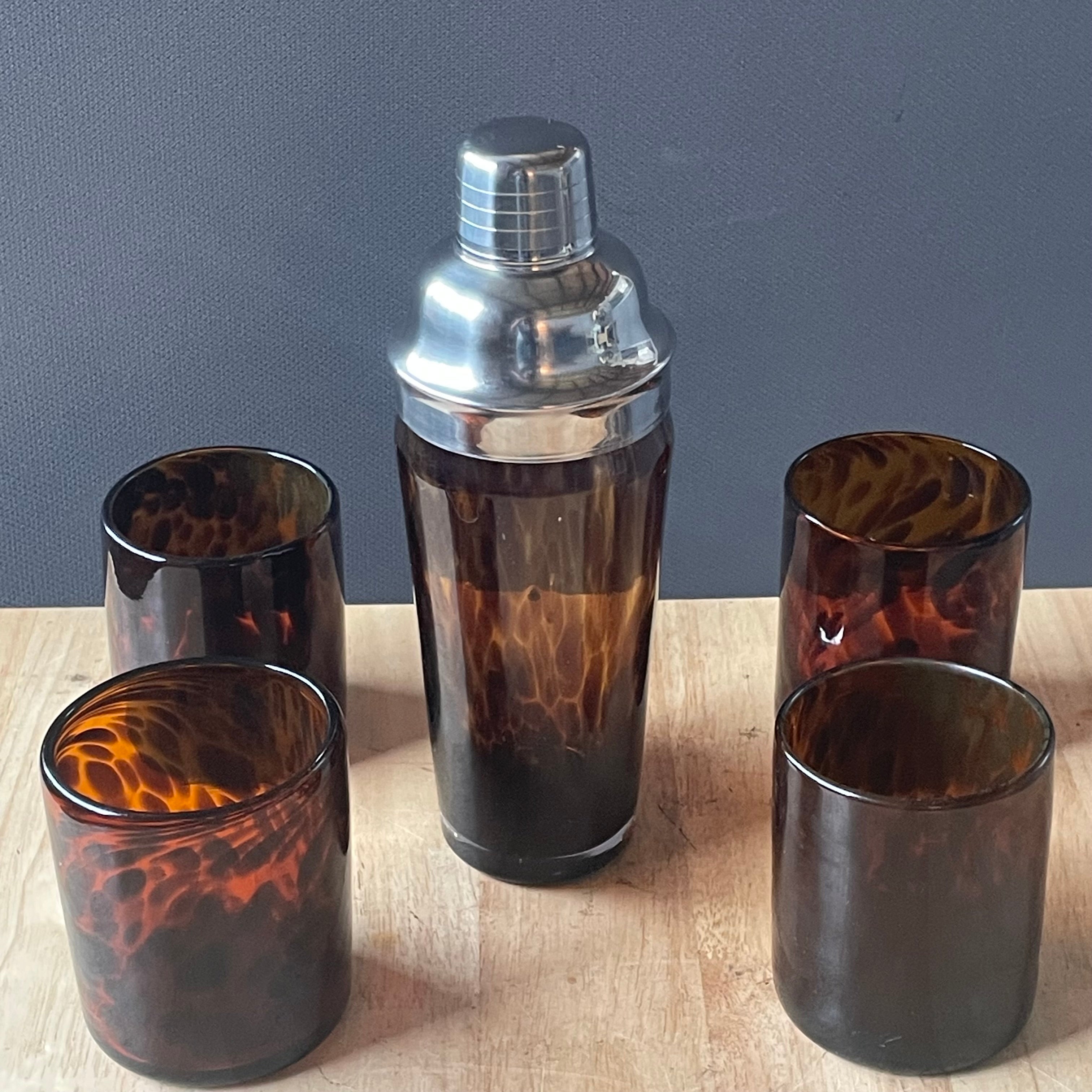 Set of 5 Pieces Blown Glass Tortoise Shell Glasses and Cocktail Shaker Barware