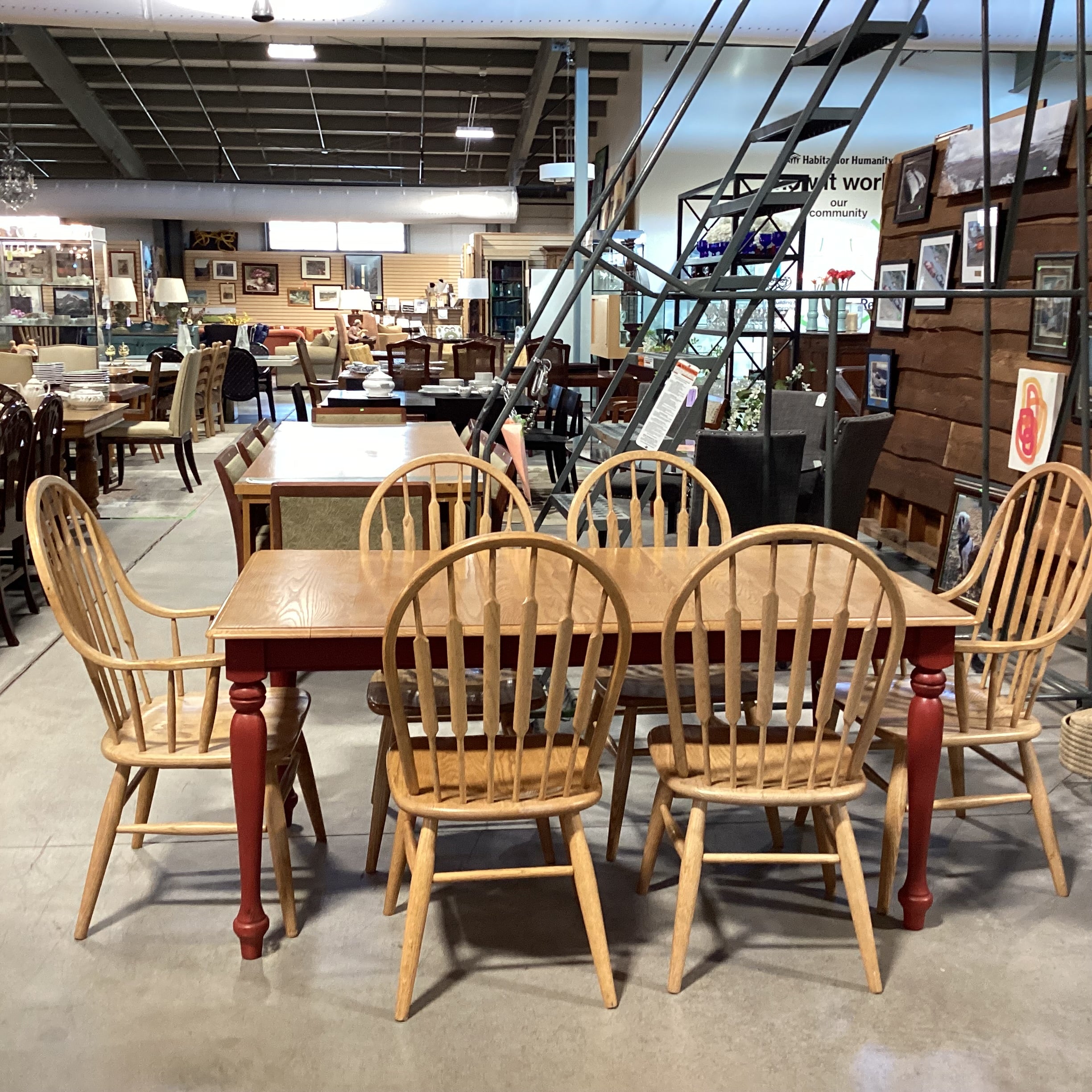 Country Oak & Red Legs 1 Leaf Table with 6 Oak Chairs Dining Set 66.5"x 36.5"x 30"