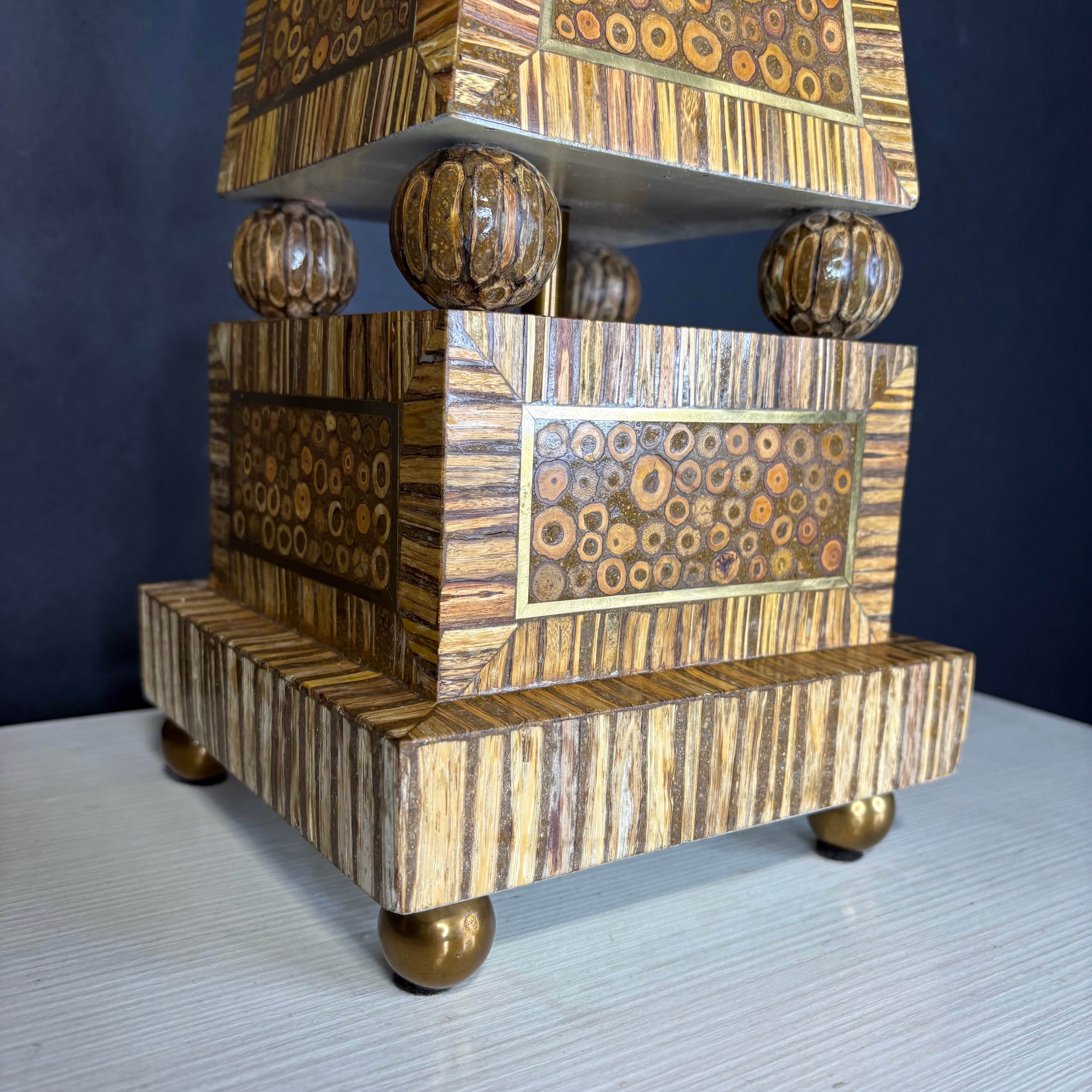 Maitland Smith Obelisk Multi-Wood Inlay and Brass with Shade Table Lamp 13” Diameter @ Shade x 37”