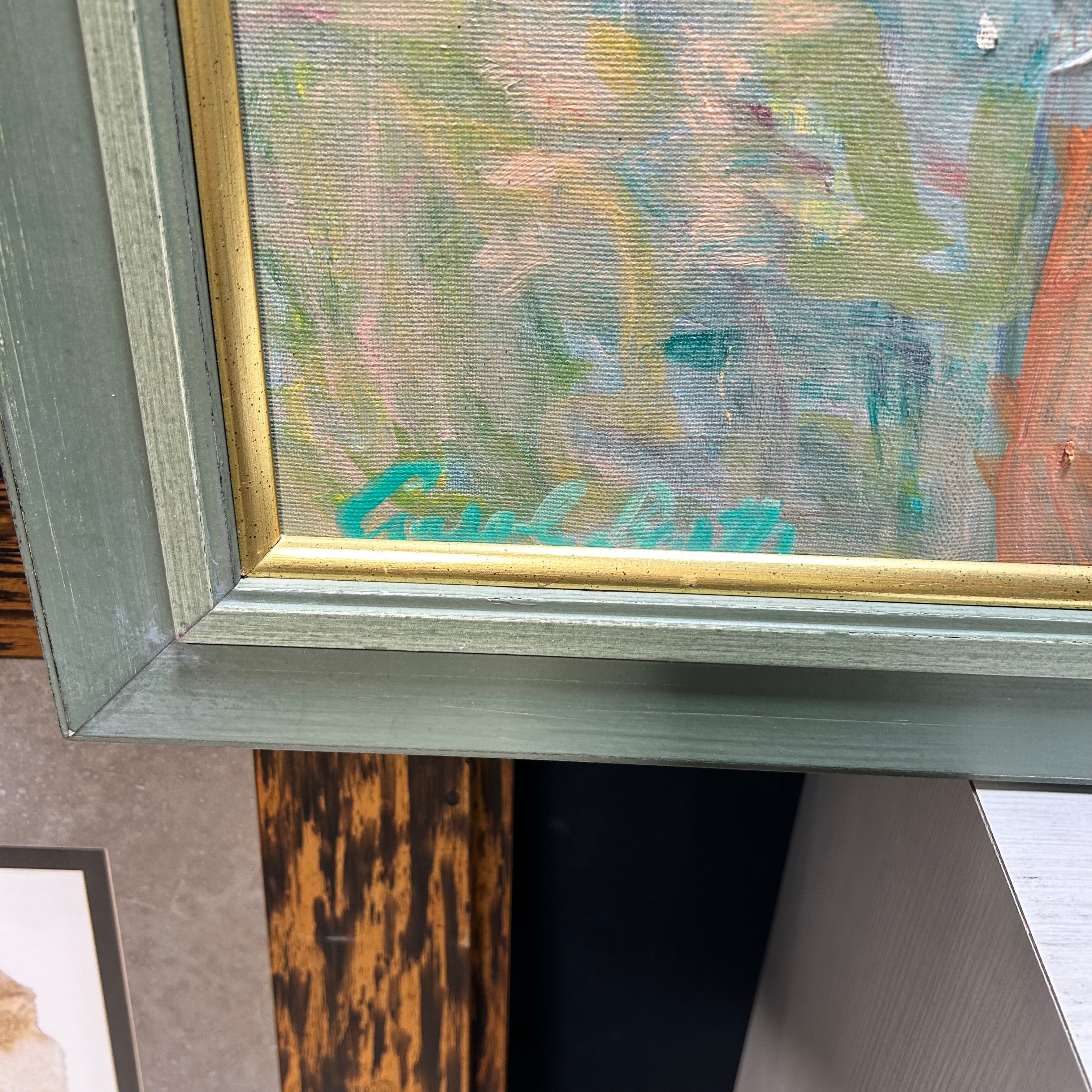 Carol Ruth Abstract On Canvas With Green Frame & Gold Trim  42"x 40"
