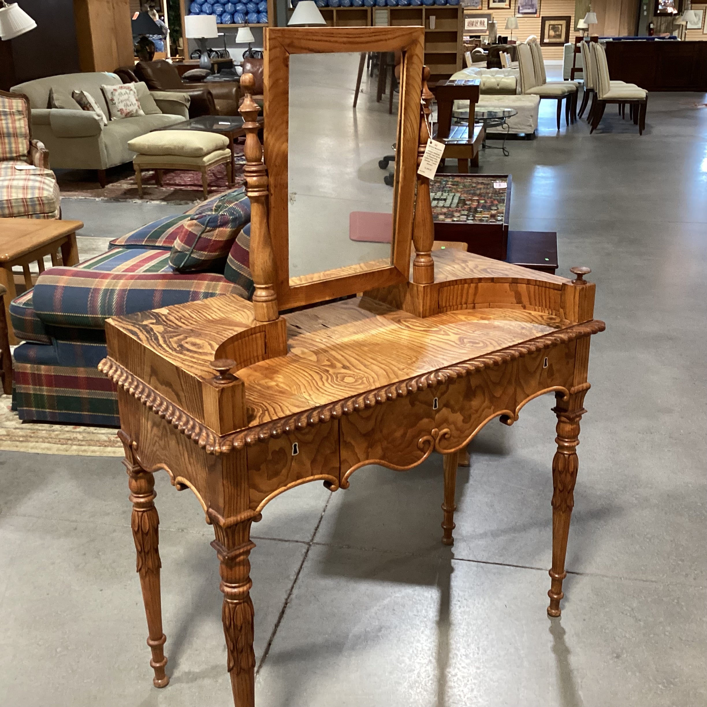 Antique American Carved Wood & Veneer 5 Drawer with Mirror Ladies Vanity Dresser 38"x 19"x 53"