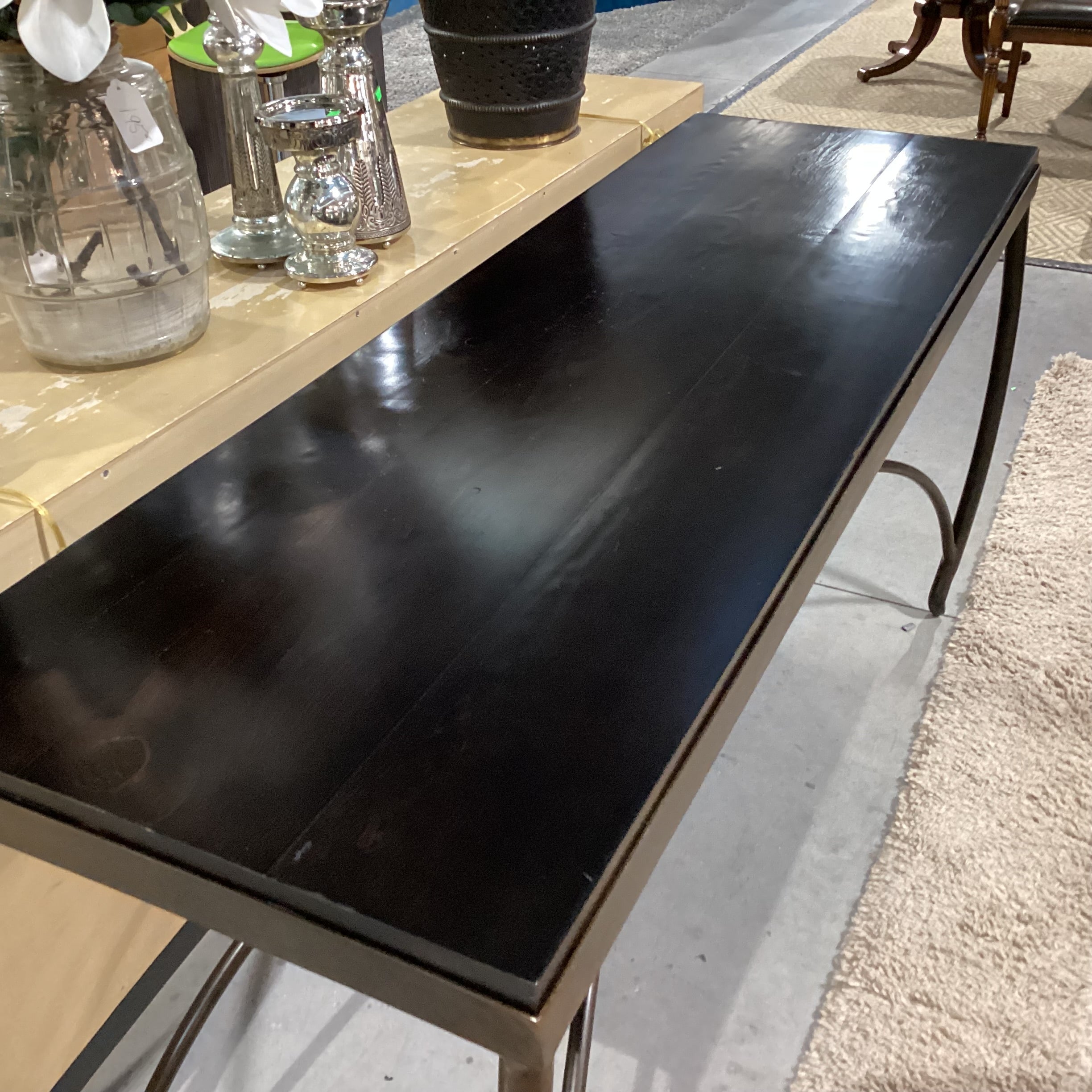 Dark Finished Wood & Iron Stretchers Trestle Accent Table 73"x 23"x 34.5"