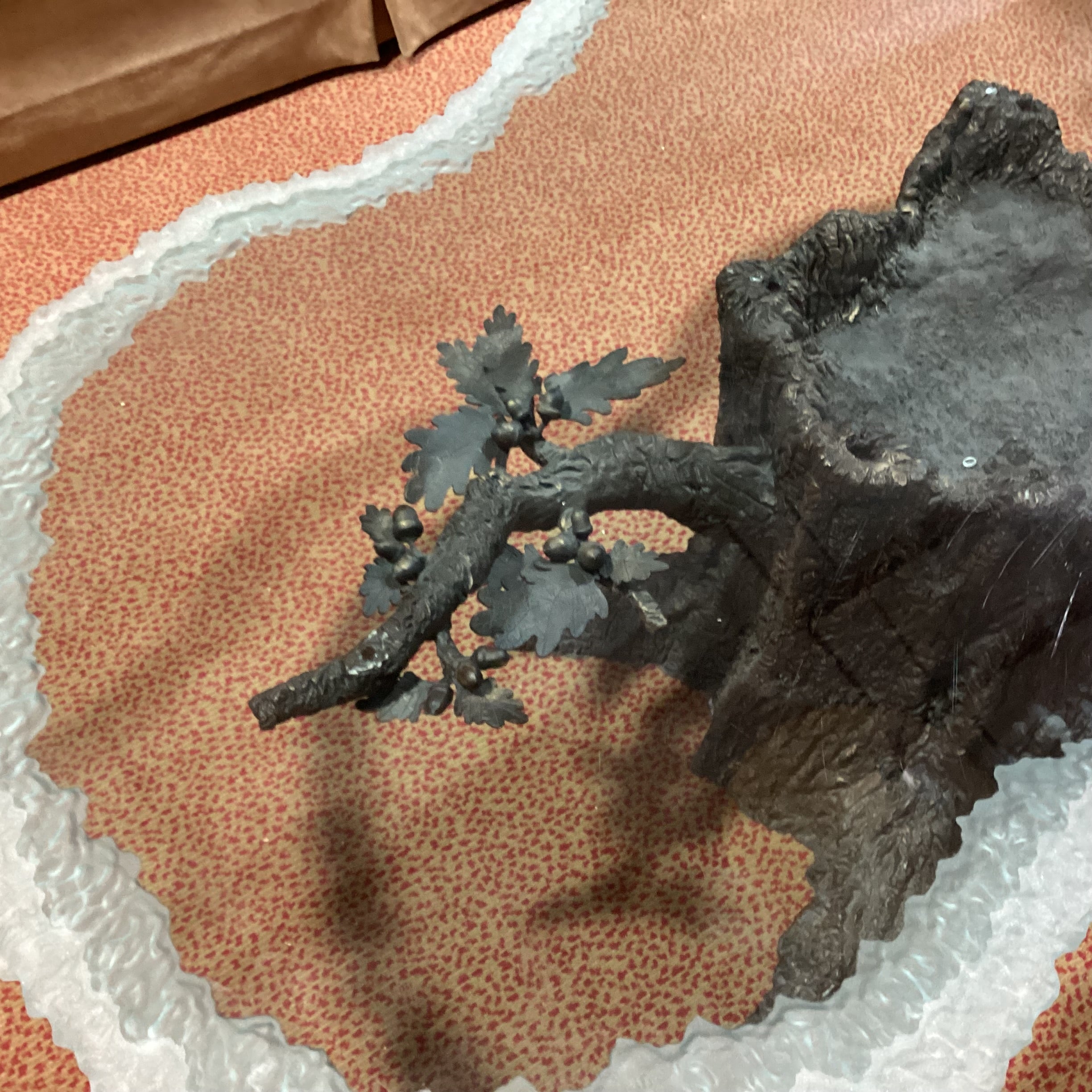 Kevin Clark Resin Cast & Iron Acorn Leaf Tree Trunk with Frosted Live Edge Glass Coffee Table 55"x 48"x20"