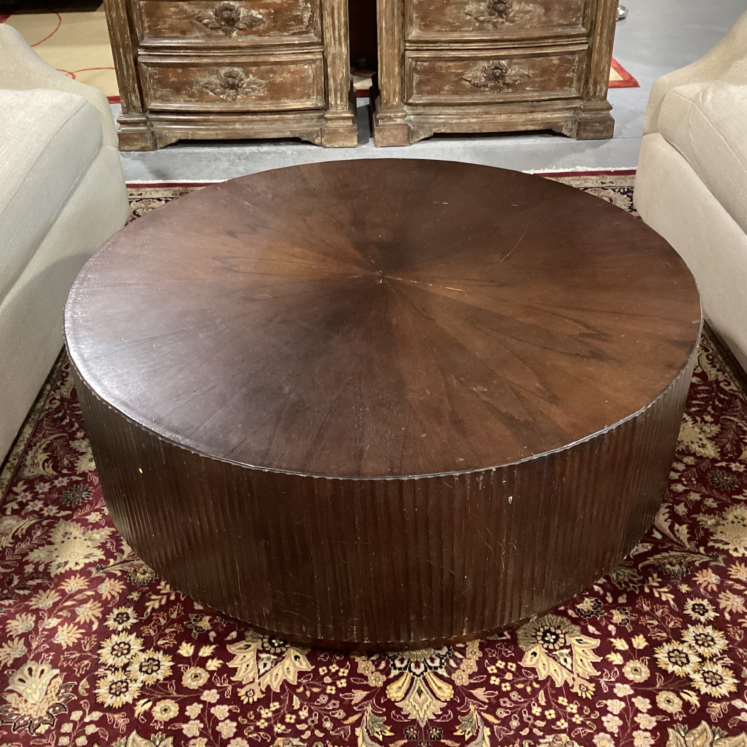 Finished Wood & Veneer Round with Ribbed Sides Coffee Table 45" Diameter x 20"