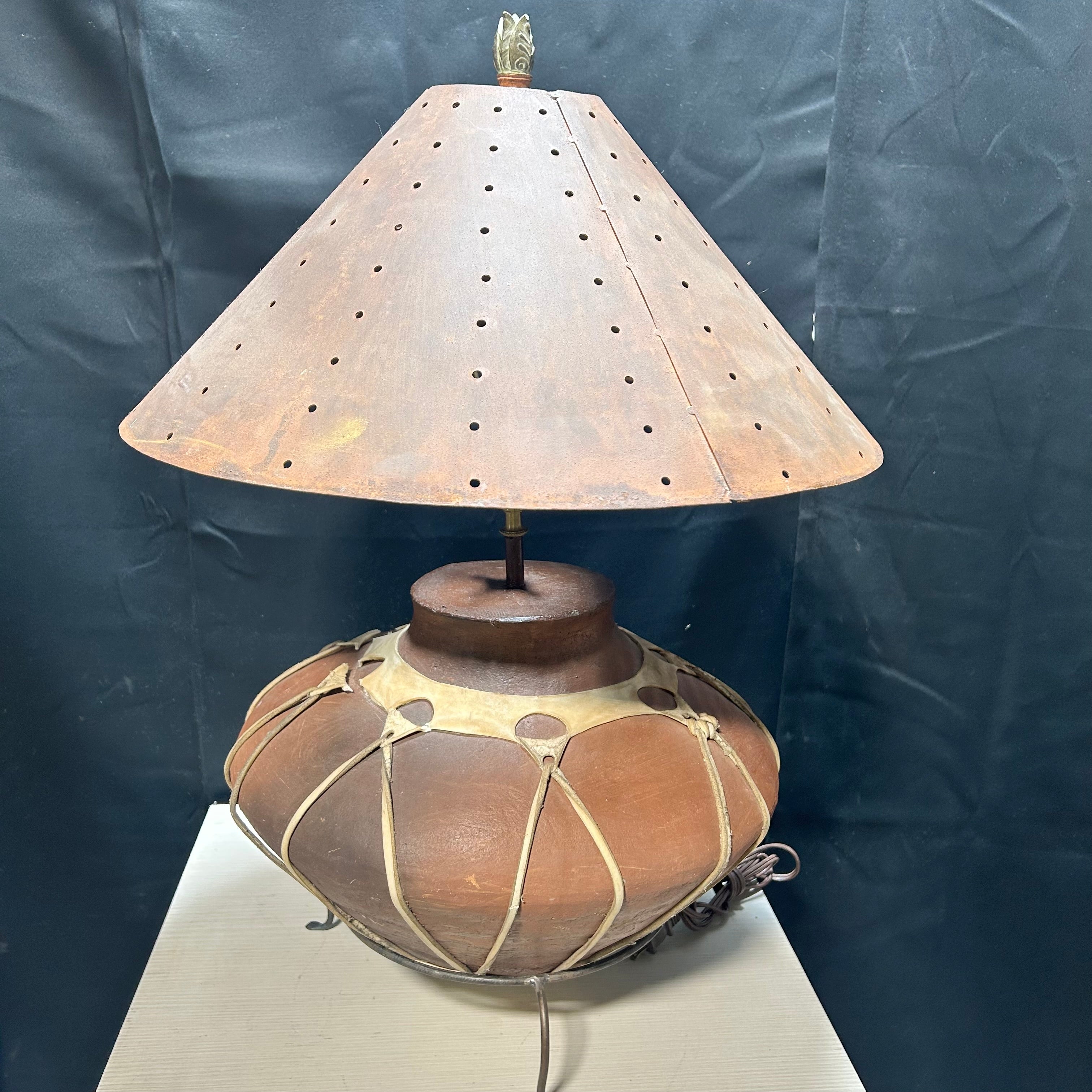 Vintage Leather Wraped Potery With Iron Basde And Shade 19"x 27"