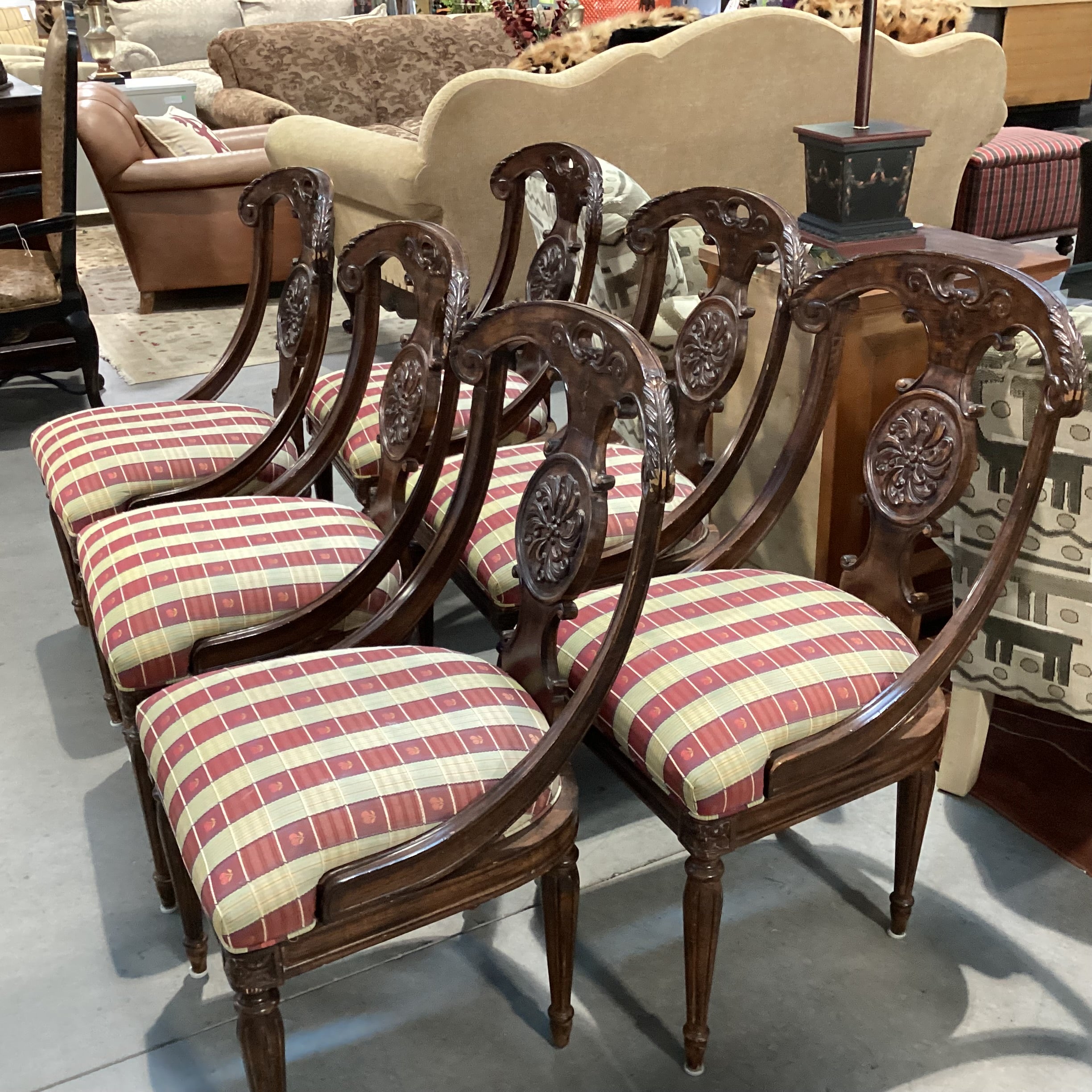 SET of 6 Ornate Carved Wood & Gold Red Cherry Ribbon Dining Chairs 20"x 24"x 38"