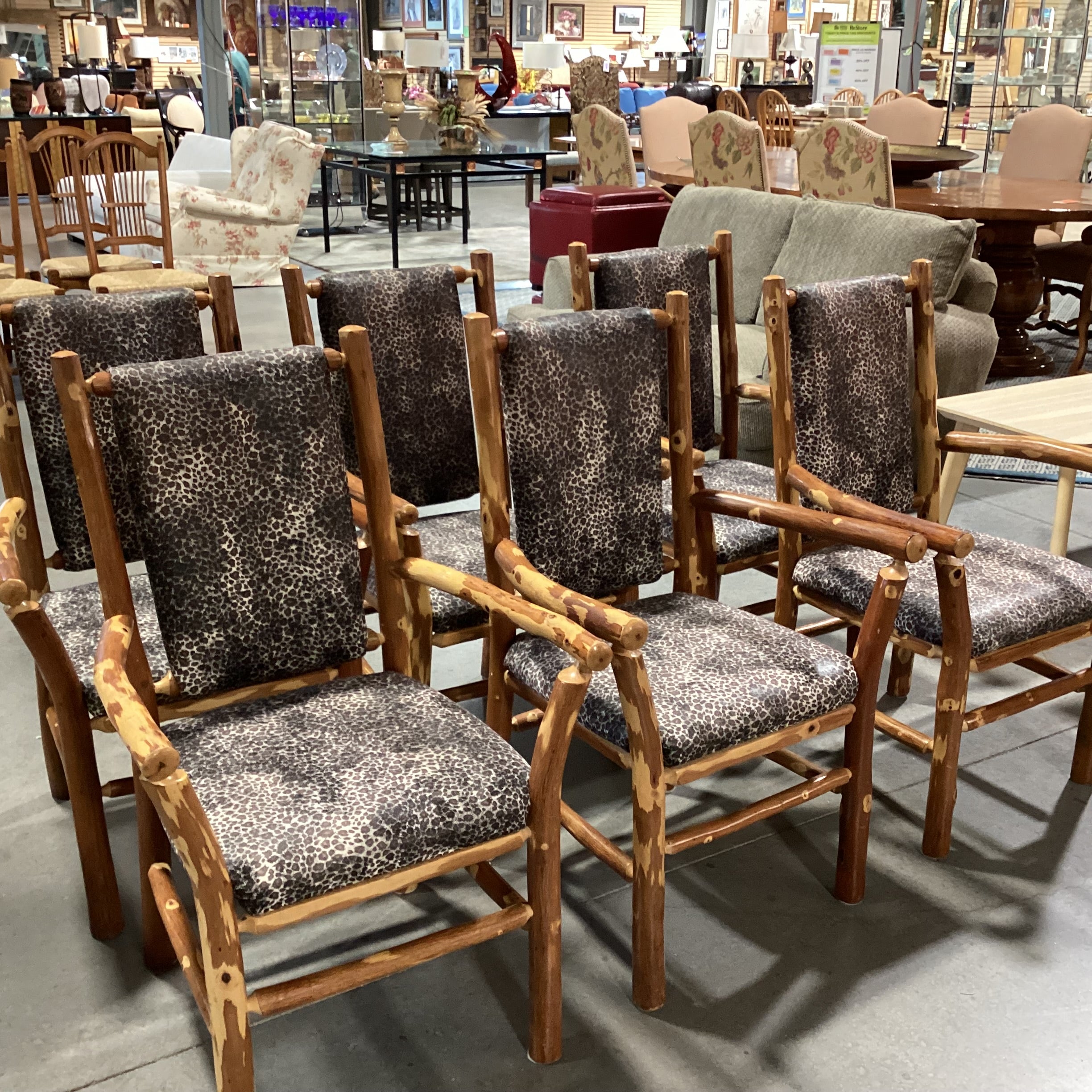 SET of 6 Peeled Style Log & Animal Print Armed Dining Chairs 24"x 24"x 39"